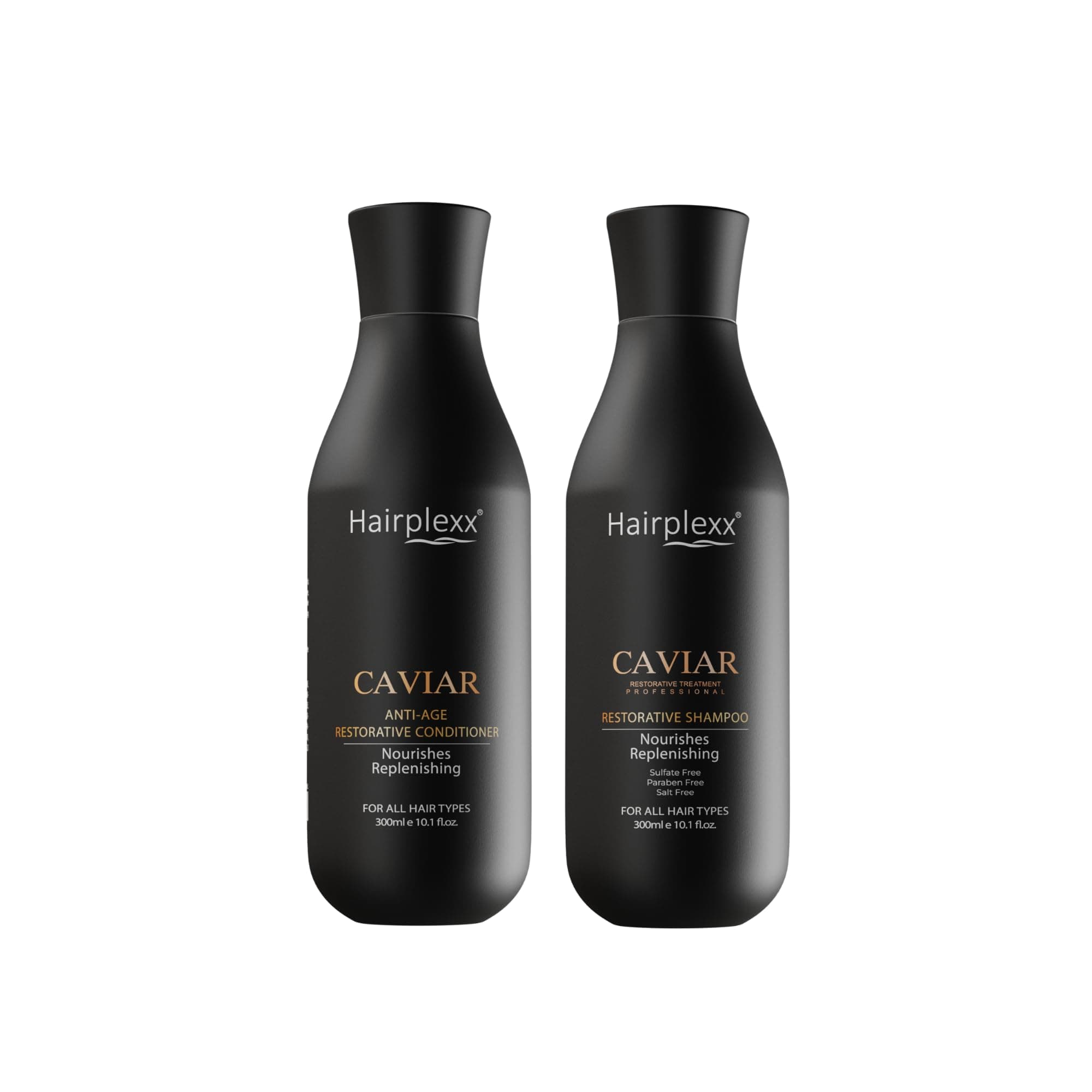 HAIRPLEXX CAVIAR ANTI-AGE RESTORATIVE TREATMENT PROFESSIONAL Shampoo & Conditioner Set l Hydrated Home Care Maintenance - Restore Hair Volume, Shine, Straight and Softness (300ml)