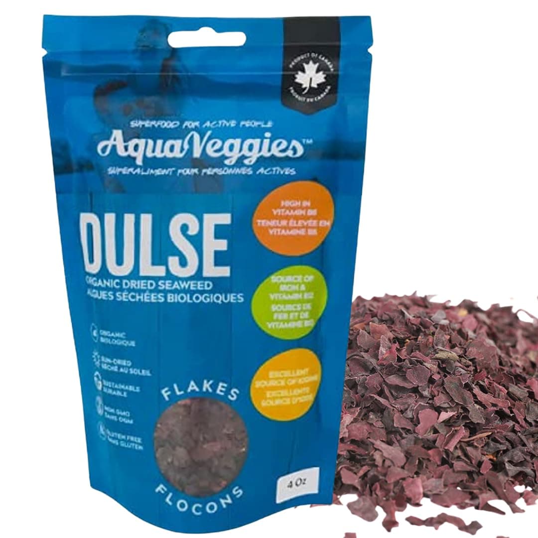 Aqua Veggies Organic Atlantic Dulse Flakes 4 Oz , Hand-Harvested, Sun-Dried Bay of Fundy, Excellent Source of Vitamins B6, B12, Iron, Iodine, Protein, Calcium and Fibre 4 Ounce