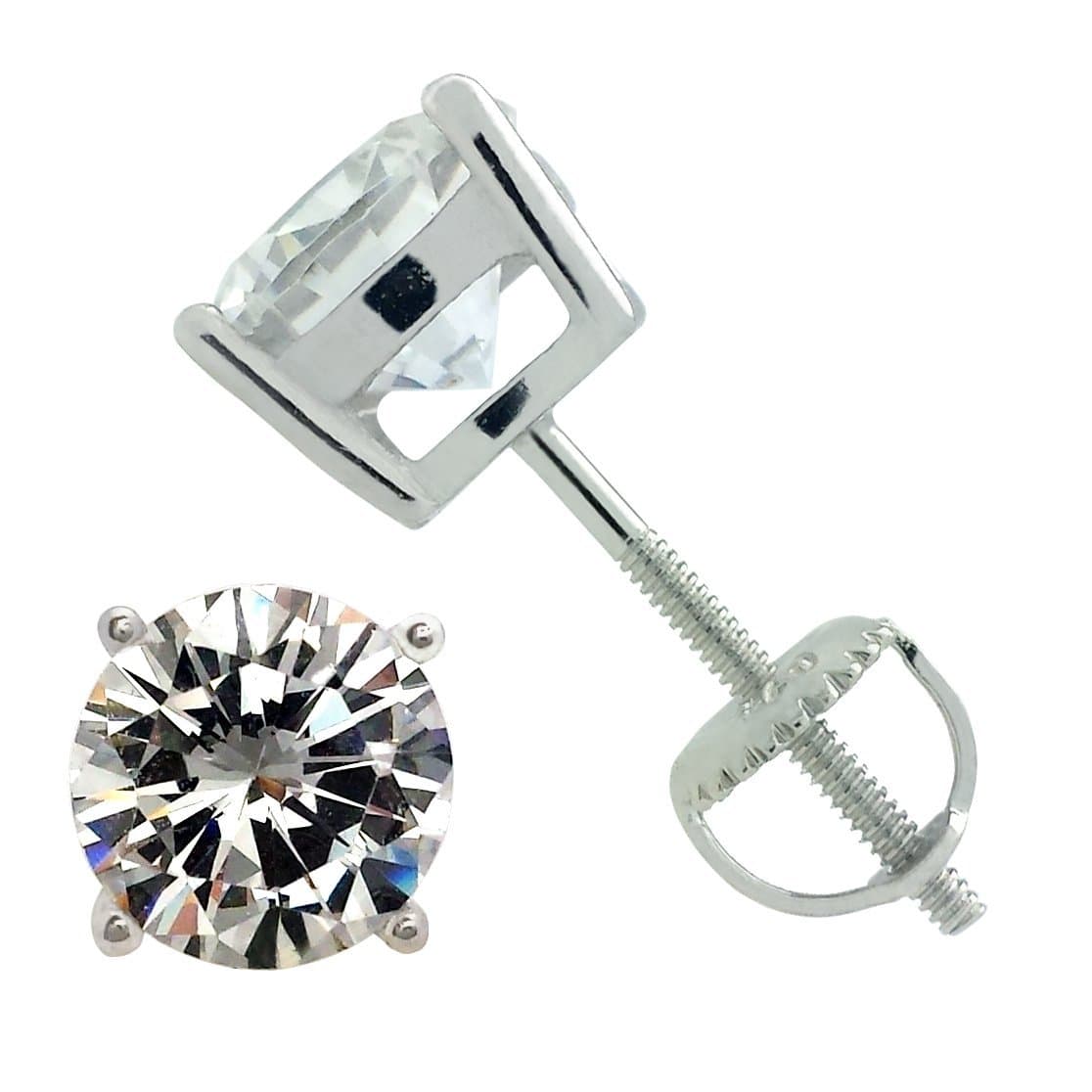 Solitaire Cz Screw Back Stud Earrings on 925 Sterling Silver Rhodium Plated
