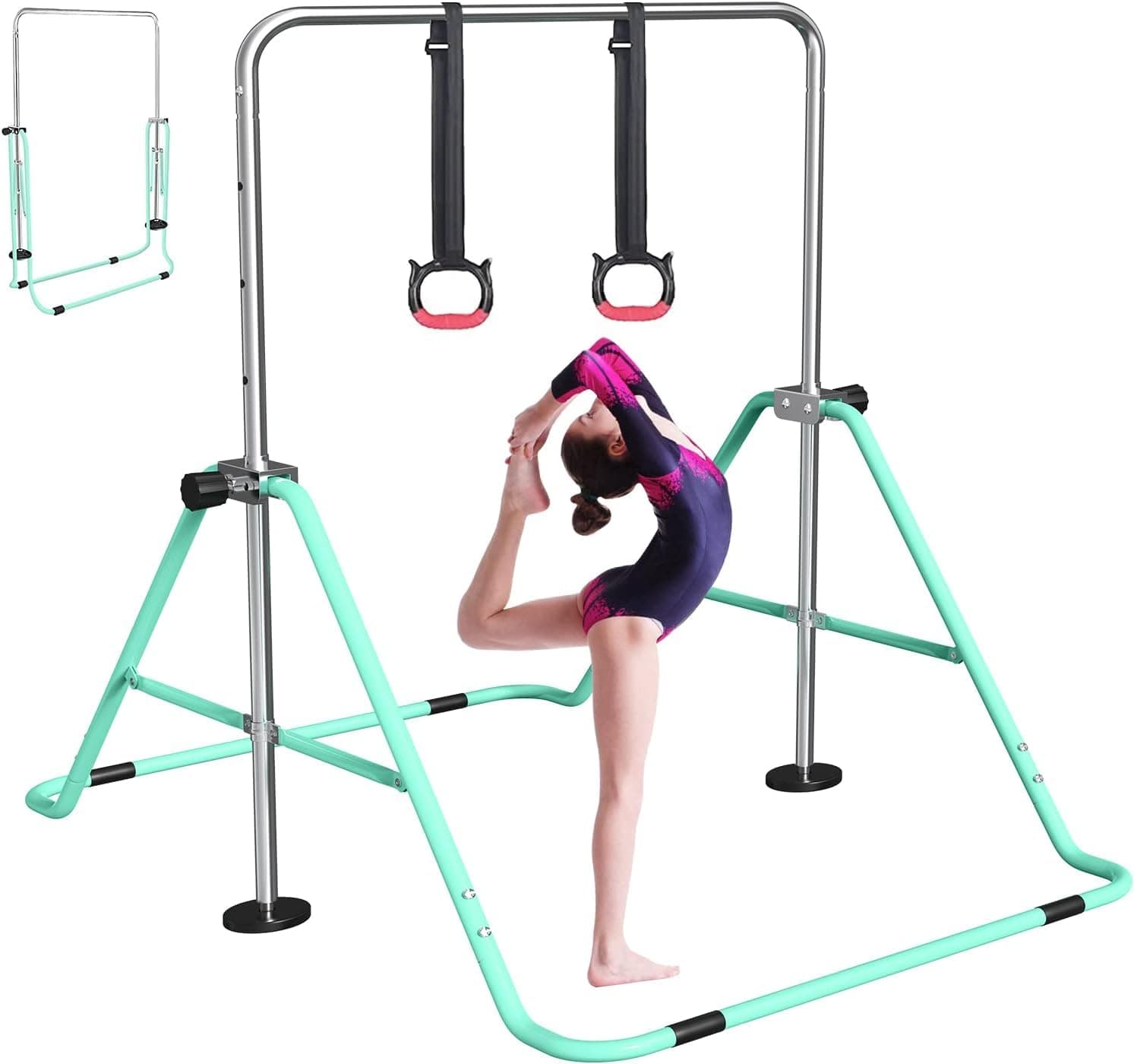 FBSPORT Gymnastics Bar for Kids with Rings，Adjustable Height Gymnastic Horizontal Bars,Junior Training Bar Children Folding Training Monkey Bars for Home Using