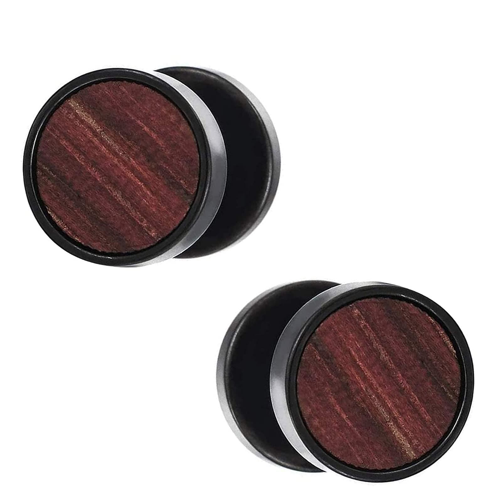 Zeayebsr10mm Mens Women Black Circle Stud Earrings with Wood Steel Cheater Fake Ear Plugs Gauges Tunnel 01（-）