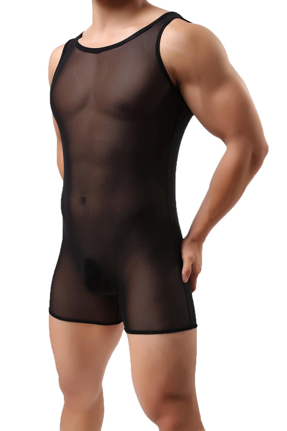 Aiteme Men's Mesh See-Through Lingerie Bodysuit T-Shirt Boxer Romper
