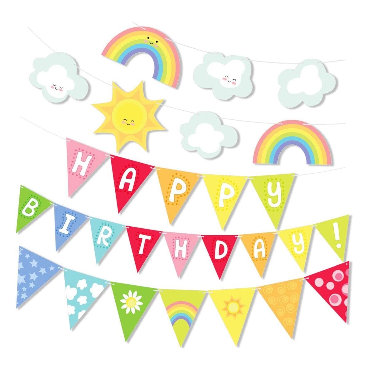Big Sunshine Rainbow Clouds Happy Birthday Banner Party Set Color Pennants Garland for Baby Shower Birthday Decorations Bunting Supplies