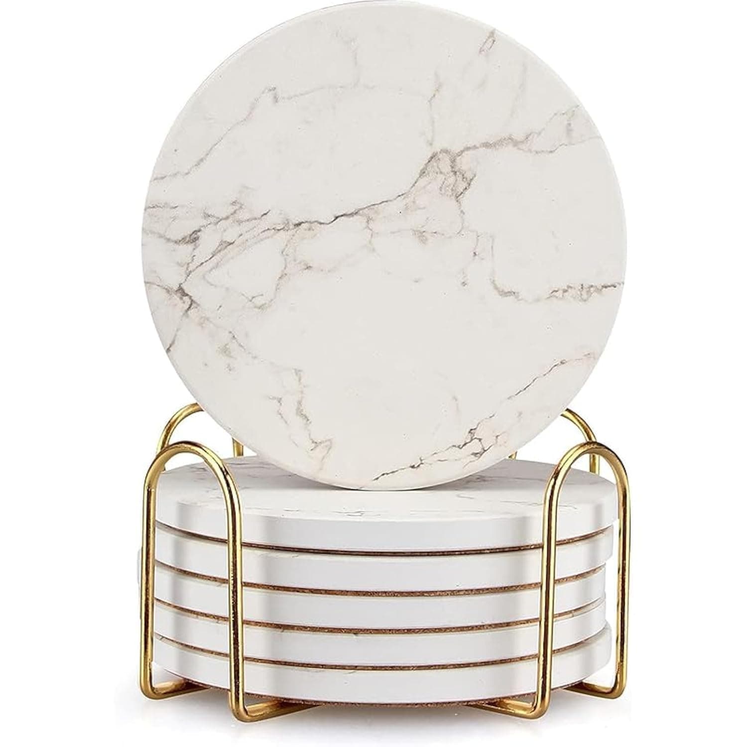 6 Pcs White Marble Coaster Set with Holder Best Absorbent Coasters Drink Stone Coasters Ceramic Wine Coasters Table Cup Coasters