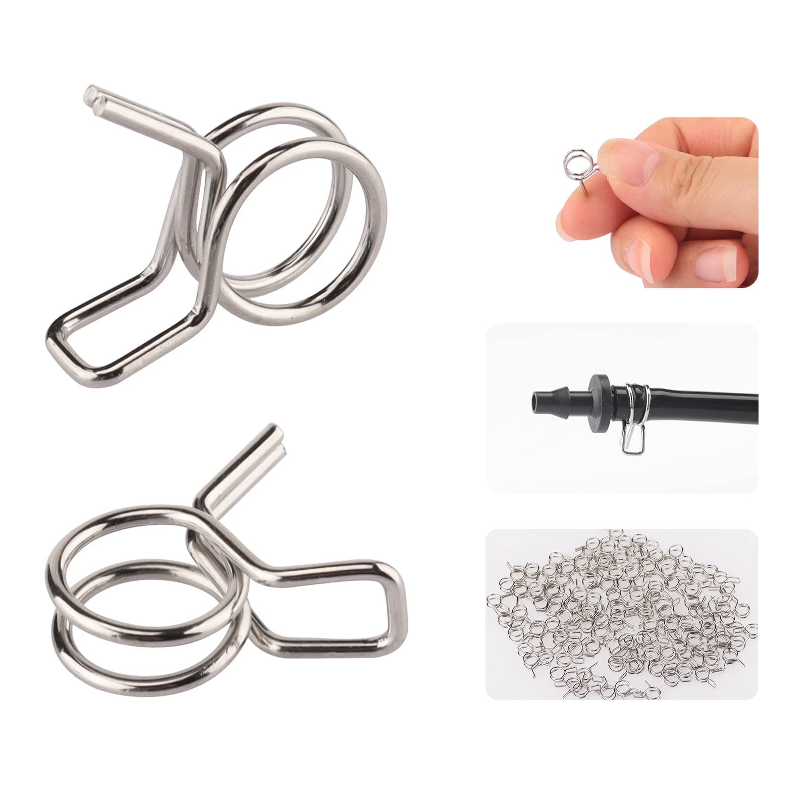 1/4" Irrigation Hose Clamps, 100 Double Line Hose Pipe Spring Clamps, Drip Irrigation Kit Connector Leak Solution