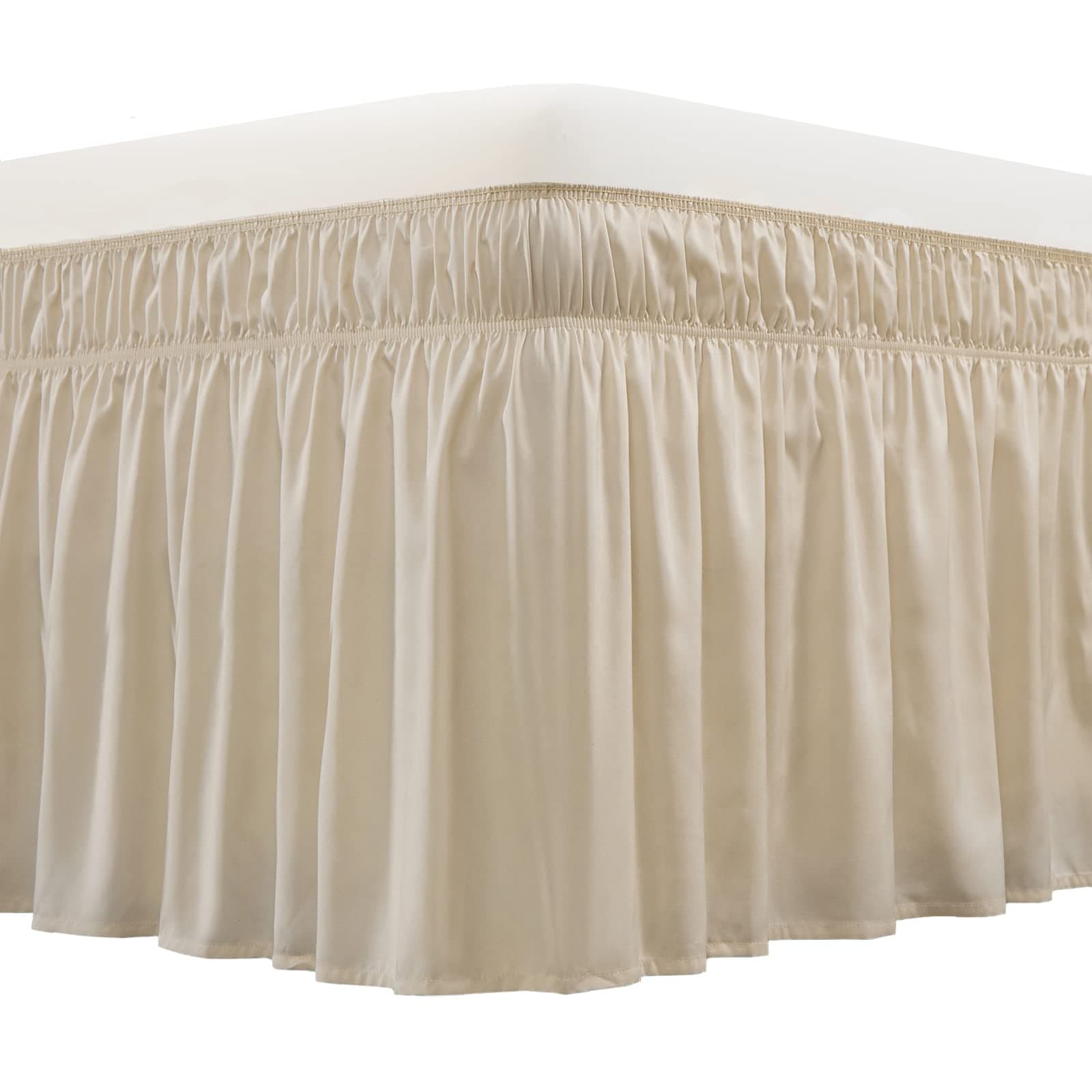 MEILA Wrap Around Bed Skirt Three Fabric Sides Elastic Dust Ruffled 16 Inch Tailored Drop,Easy to Install Fade Resistant-Beige, Queen/King