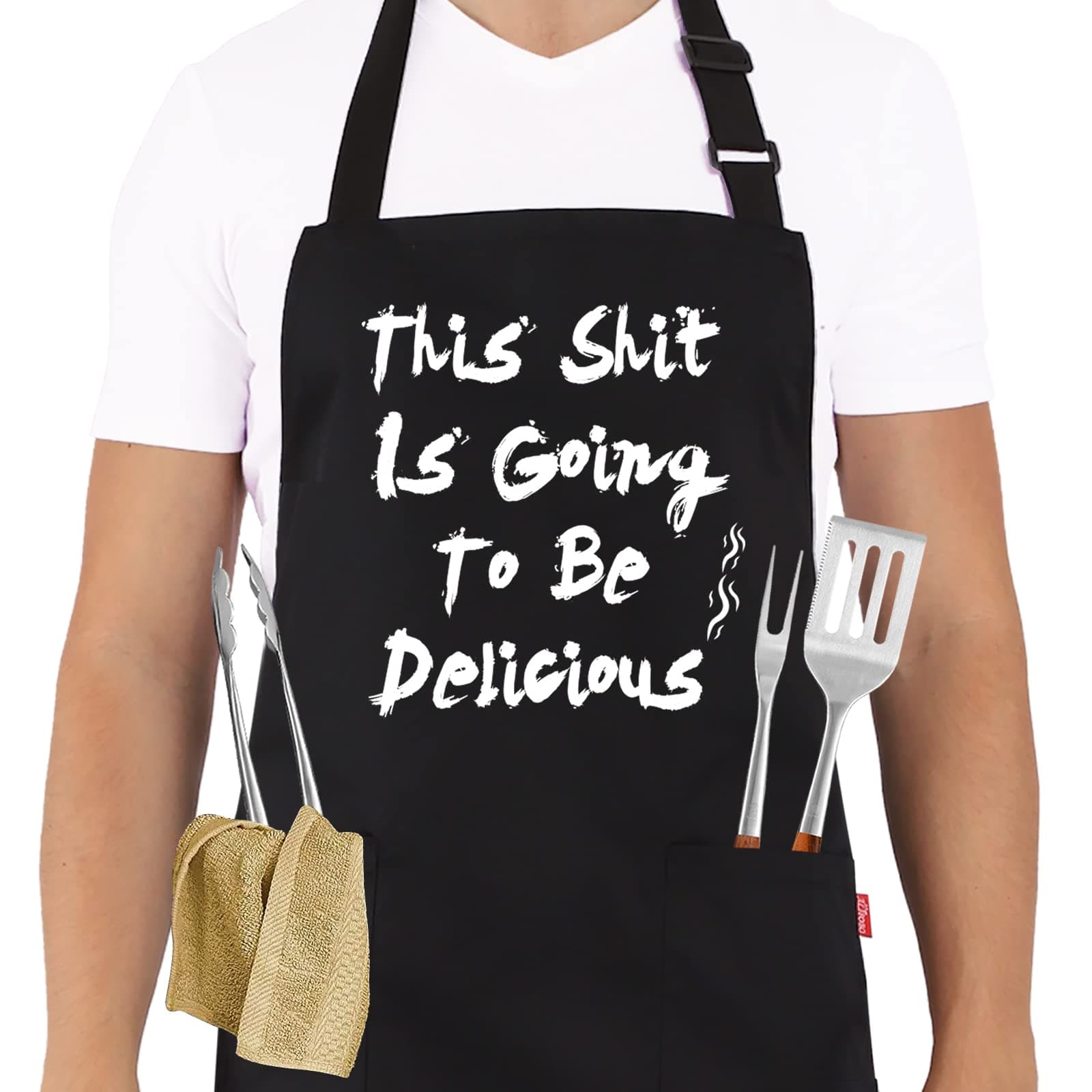 BBQ Funny Apron for Men, Chef Bib Apron with 2 Pockets, Adjustable Neck Strap and 40" Long Ties - Best for Kitchen Cooking, Grilling, Baking, Gardening - Black