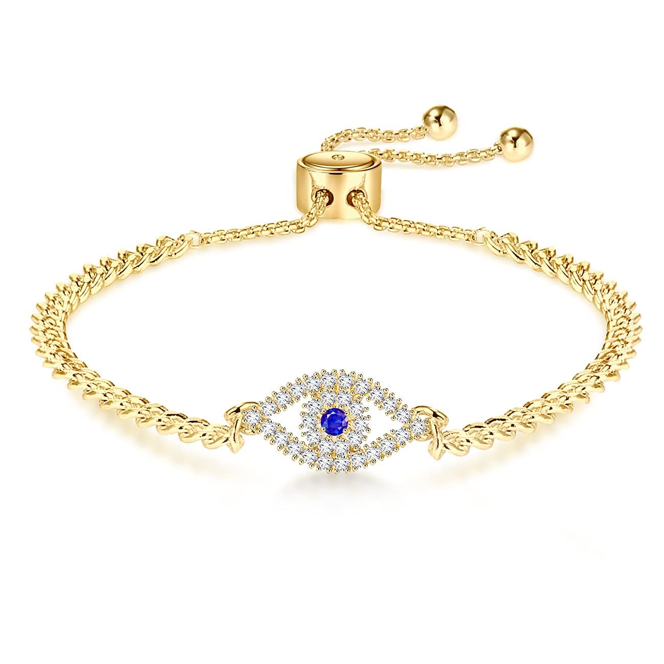 Apsvo Evil Eye Bracelet, Sideway Cross Bracelet, Silver 14K Gold Plated Bracelet for Women Adjustable Slide Chain Jewelry