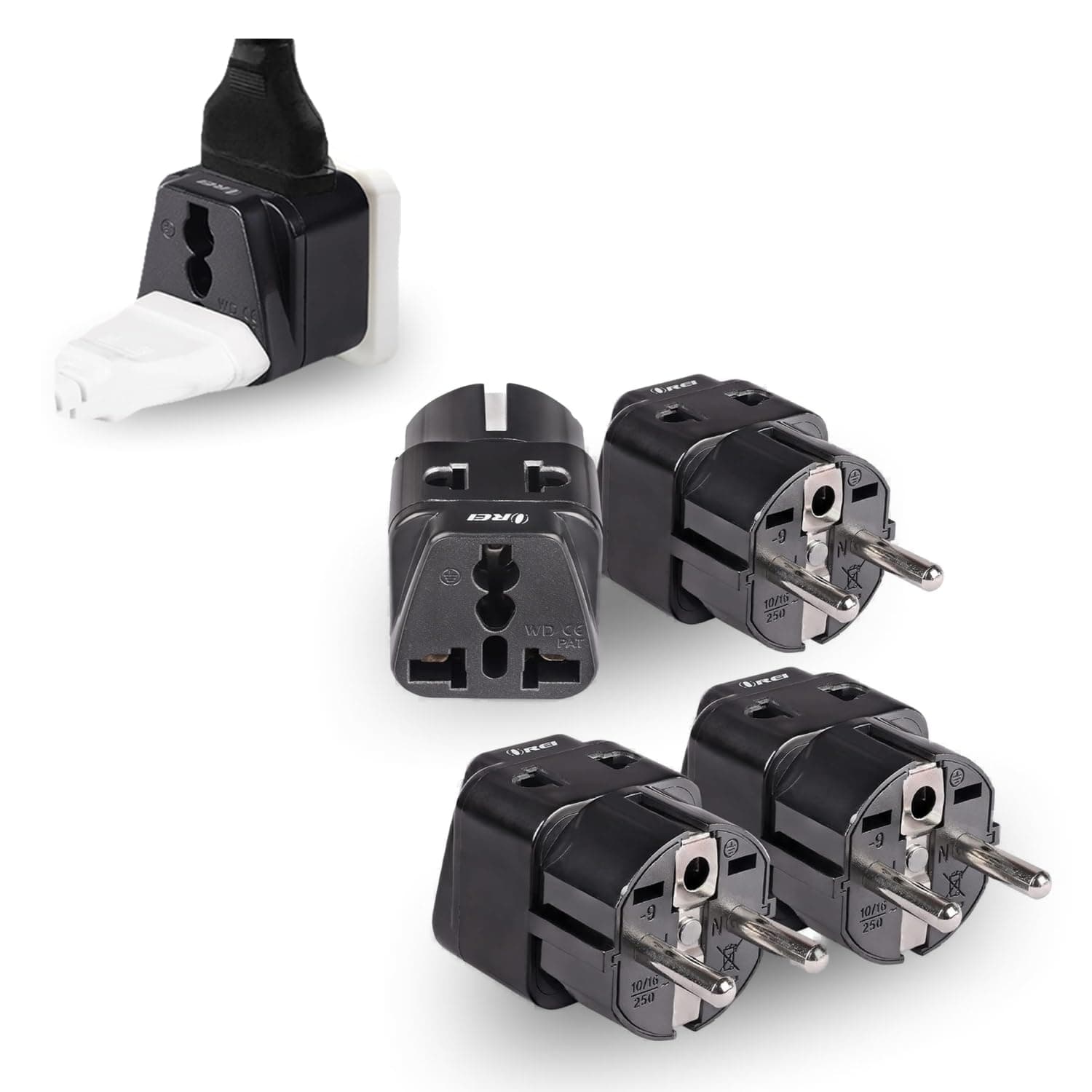 European Adapter Plug, Travel Adaptor for Europe Schuko Countries 2 in 1, for Germany France Iceland Netherlands Russa Greece Spain - Safe Grounded Connection - Universal Socket - 4 Pack