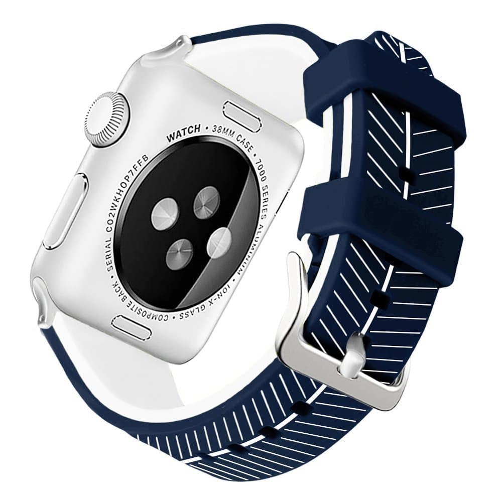 Podoru for Apple Watch band, Soft Silicone Replacement Watchband 38mm 42mm with Stainless Steel Buckle for Series 1 Series 2 Series 3 （Leaf 1 BLUE 42）