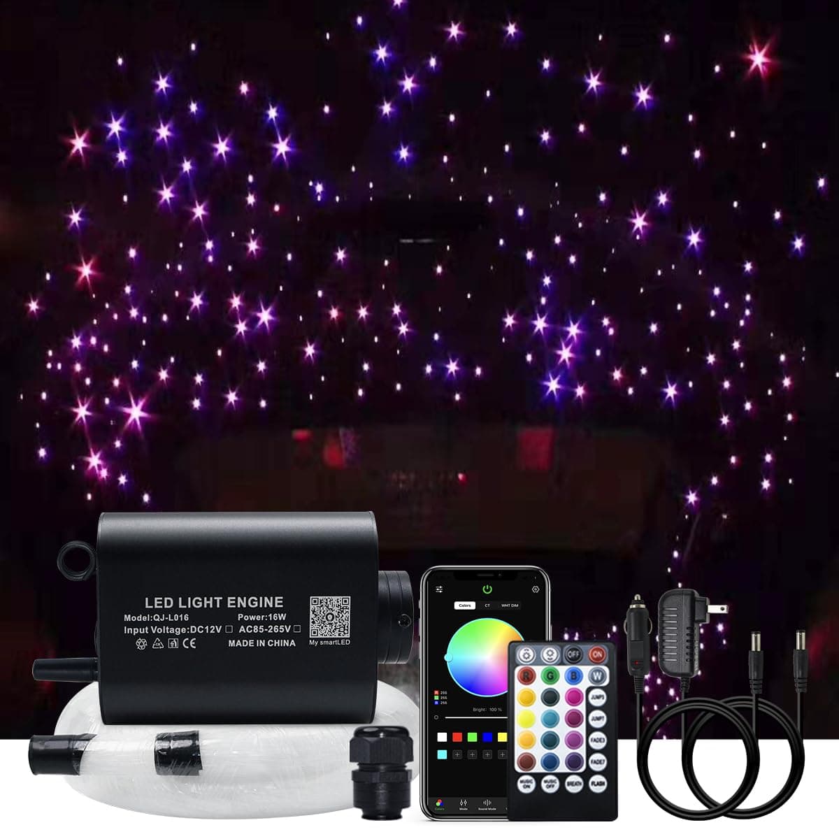 AKEPO 16W Starlights Headliner Kit Mixed Sizes 335pcs (0.03+0.04+0.06in) 13.1ft/4m, APP+Music Activated Effect Fiber Optic Star Lights Kit with Remote Controller for Car Home