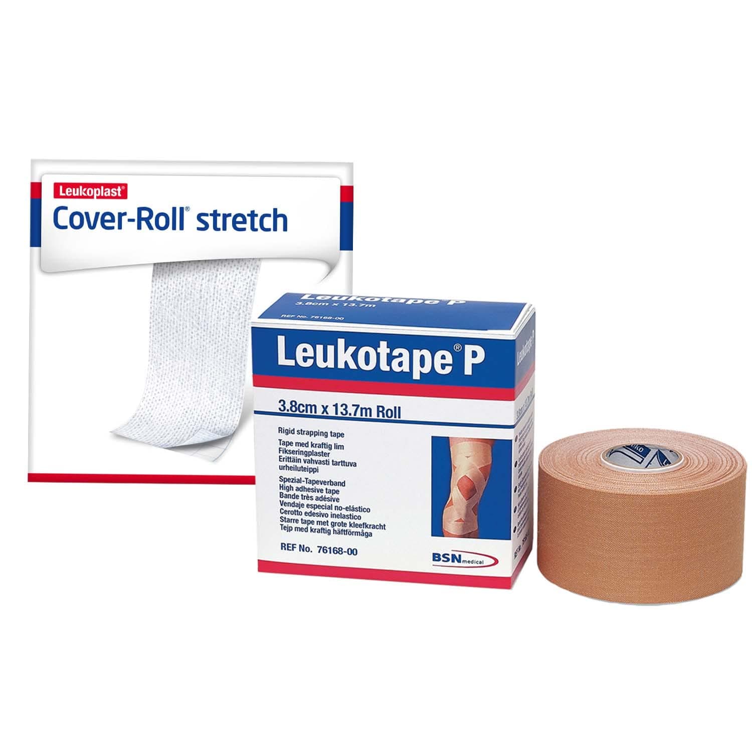 Leukotape P Sports Tape Tan 1 1/2" x 15 Yds & Cover-Roll Stretch Adhesive Fixation Dressings 2" x10 Yds. Combo Pack