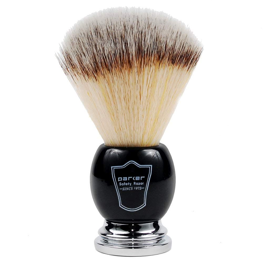 Parker Deluxe Synthetic Silvertip Shaving Brush – 22 mm Ultra‑Soft Knot, Chrome & Black Handle + Acrylic Stand for Proper Drying