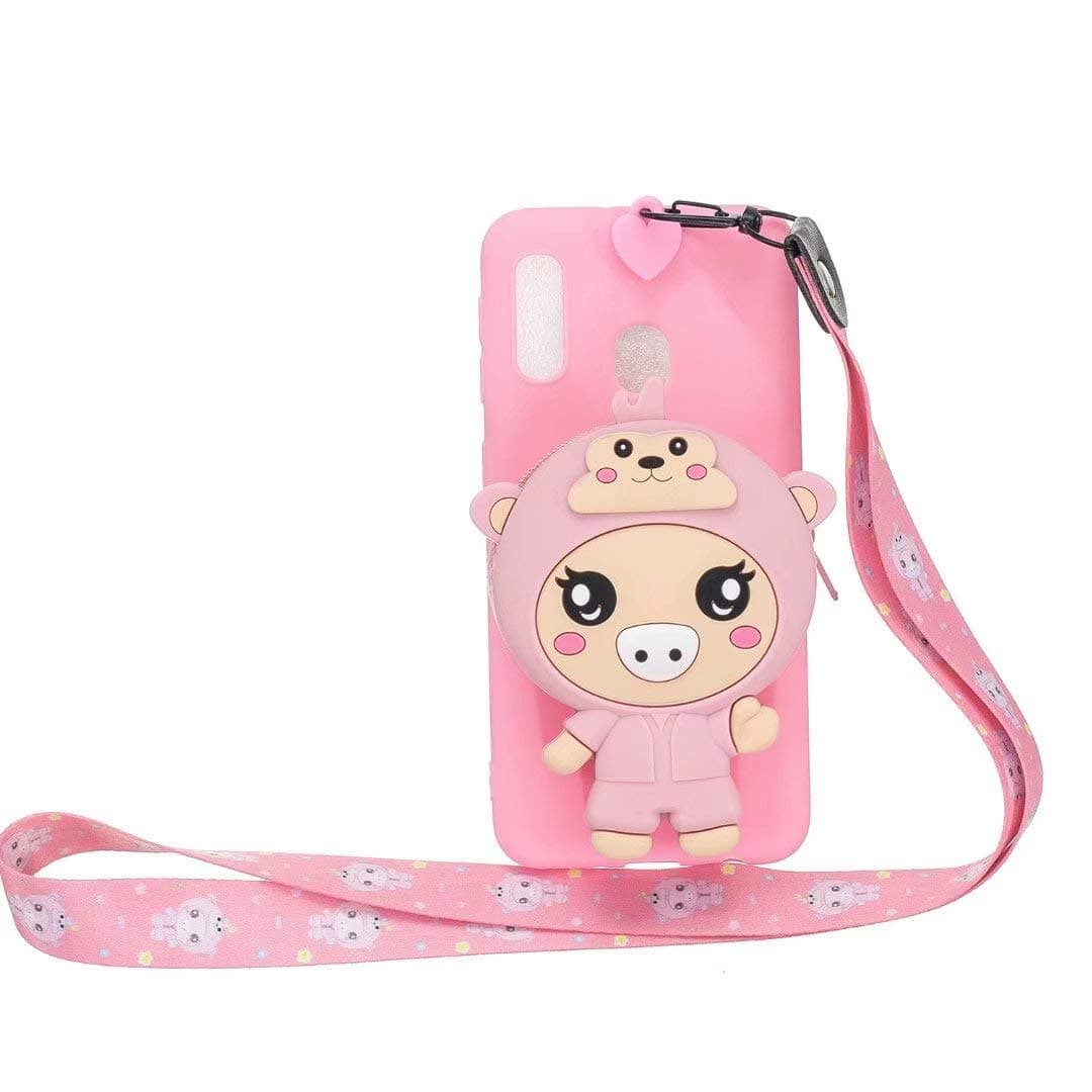 Galaxy A20S Case,[Send Pen] 3D Cute Animal Earphone Pocket Purse Lanyard [Drop Proof,Shock Proof] Cartoon Gel Rubber Back Cover Case for Samsung Galaxy A20S - Piglet
