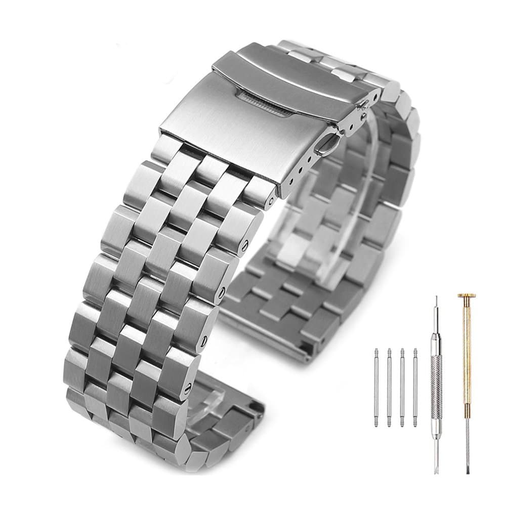 Brushed Silver 316L Solid Stainless Steel Watch Band Bracelet Strap 20mm/22mm/24mm Double Locking Clasp for Mens Women (22mm, Silver)