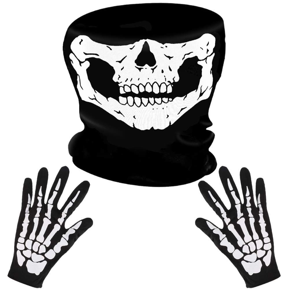 LYTIVAGEN Skeleton Gloves and Skull Face Mask, Skeleton Halloween Costume, Motorcycle Face Mask and Gloves with White Ghost Bones