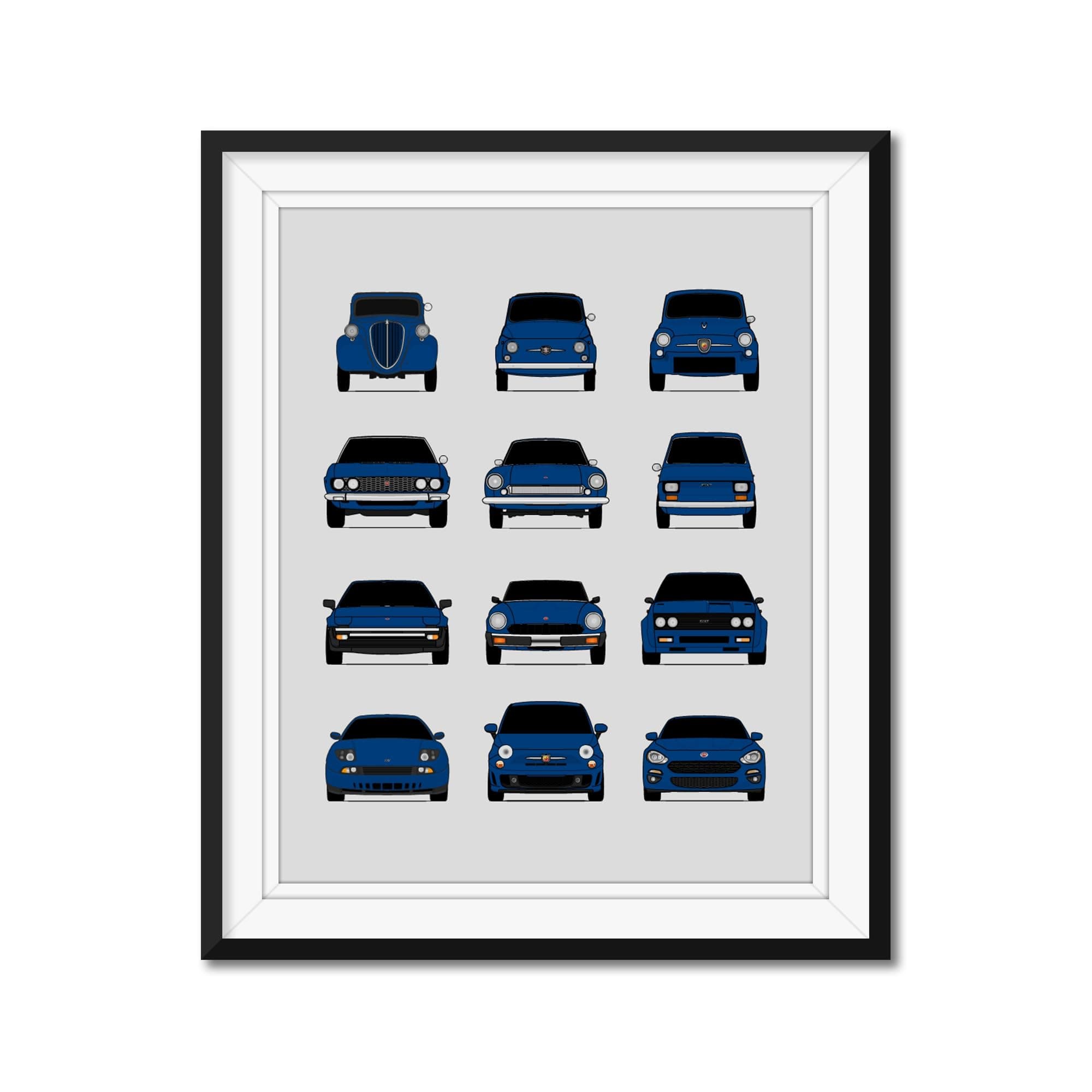 Fiat History and Evolution Inspired Car Poster Print Wall Art Handmade Decor Best of Fiat Generations- Blue, 8x10" Satin Print (Unframed) - Perfect Gift for Car Enthusiast