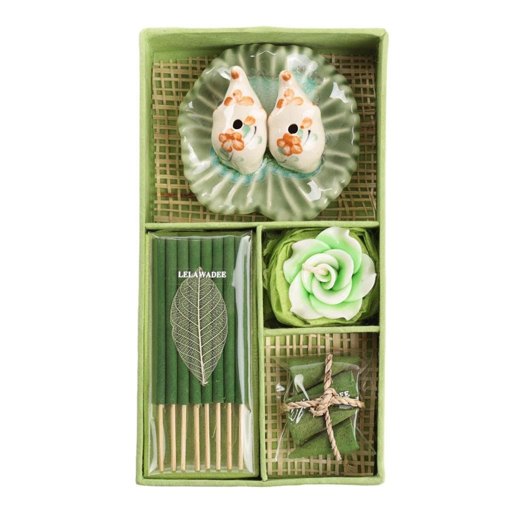 Thai Lelawadee Fragrance Incense Set with Rose Candle and Incense Holders, Sticks, and Cones - Green