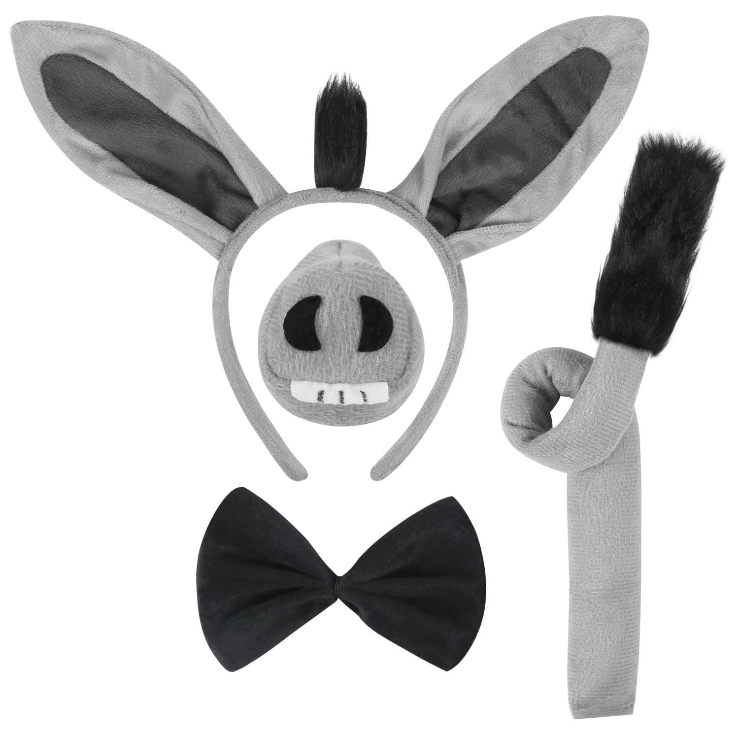 4 Pcs Donkey Costume Set - Ears Headband, Nose, Tail and Bow Tie - Animal Fancy Dress Kit Party Accessories for Halloween, Birthday, Christmas, Cosplay Dress Up Party Decorations