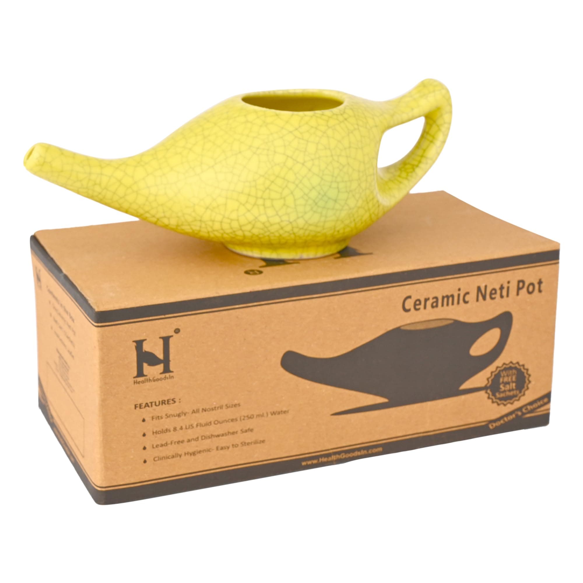 HealthGoodsIn Ceramic Neti Pot for Nasal Cleansing, Dishwasher Friendly, Holds 225 Ml Water - Crackle Pattern Yellow