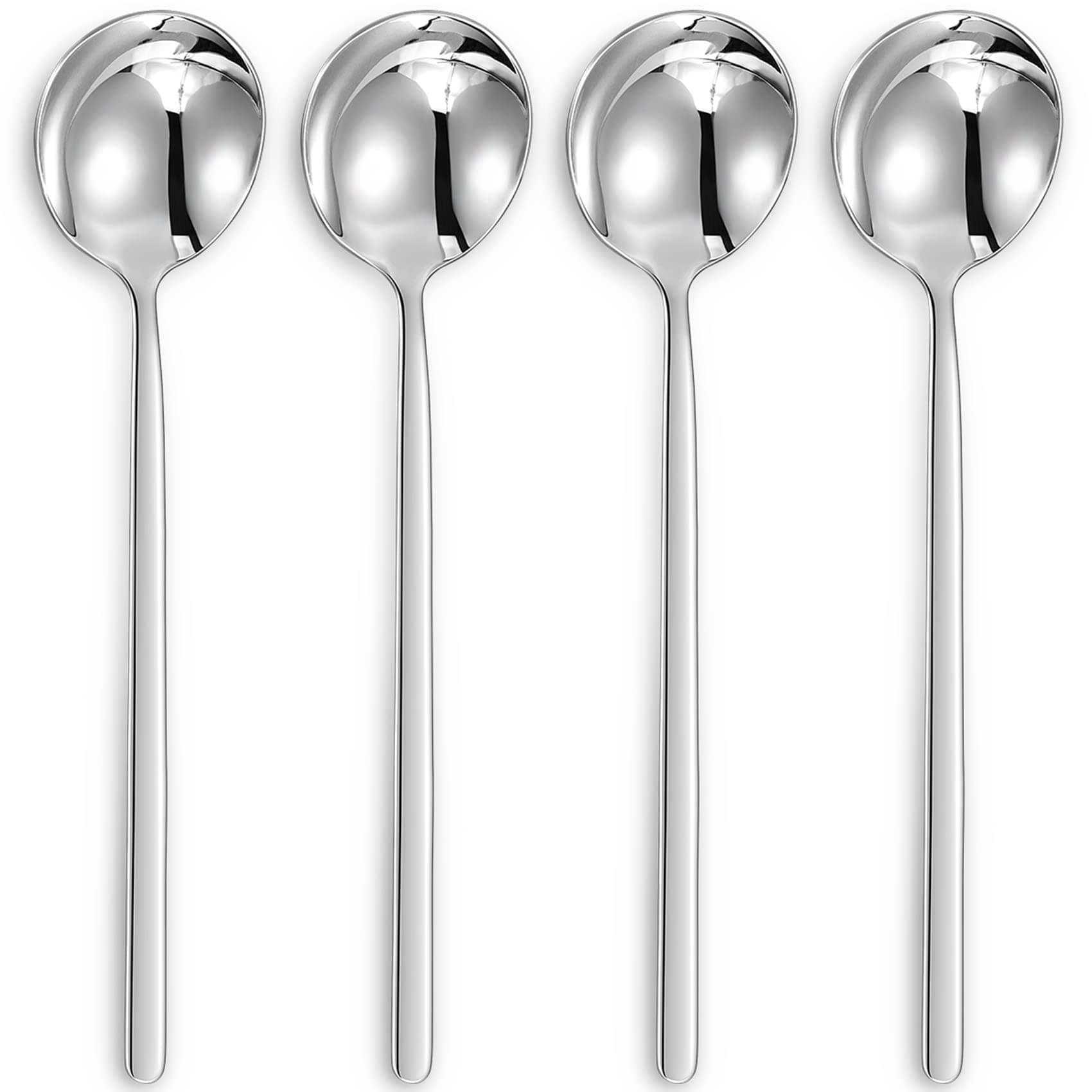 Premium Korean Soup Spoons with Long Handles, Set of 4, 18/10 Stainless Steel, Dishwasher Safe (Plain)