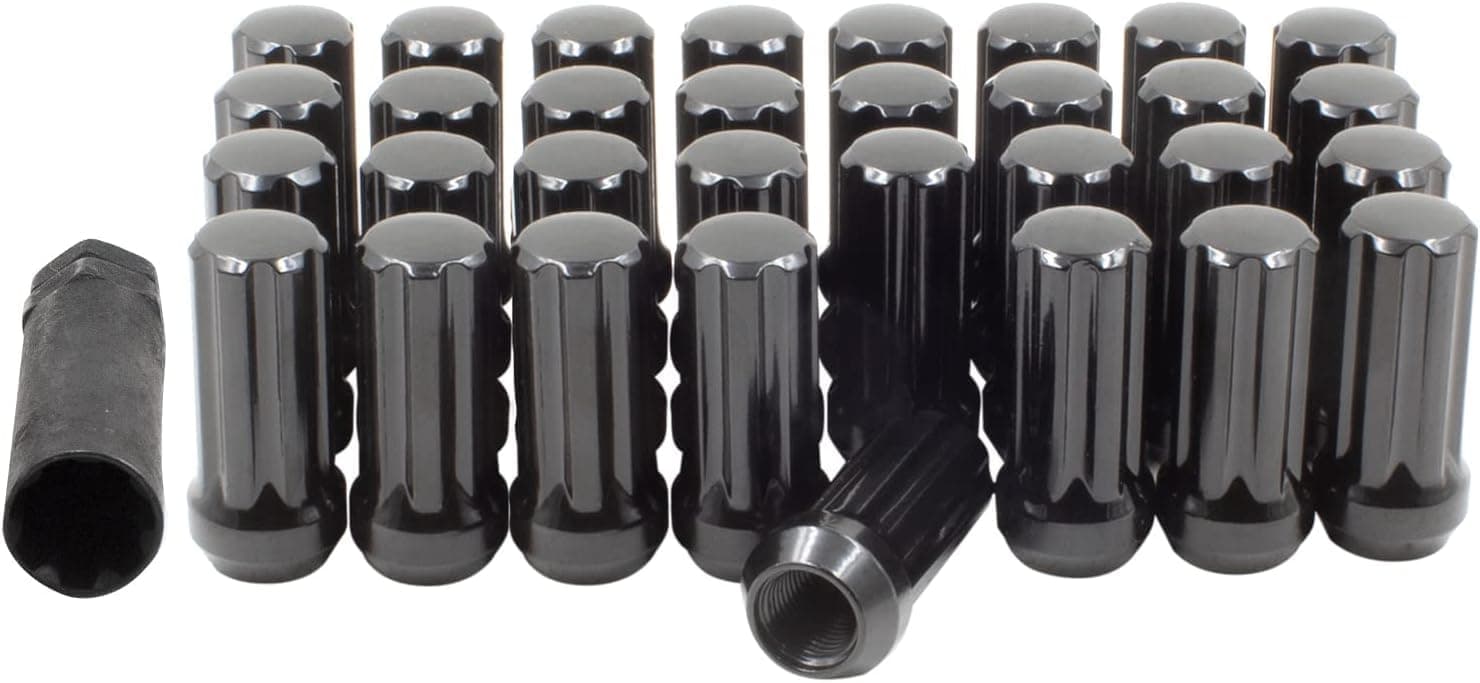 Wheel Accessories Parts 32 Pcs 1/2"-20 Thread Truck 1.90" Long Spline Lug Nuts Black 7 Spline Hex Fits Dodge D250 D250 GMC 3500 Chevy K20 K30 C30
