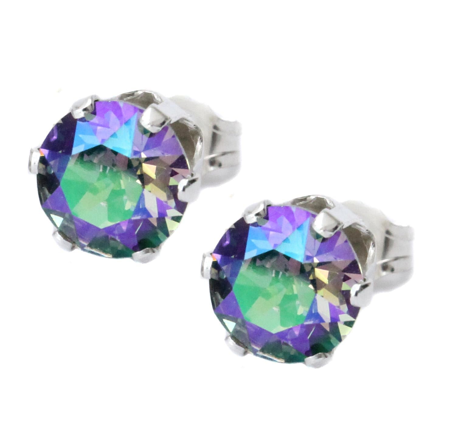 Black MoonSterling Silver Purple, Green Shimmer Crystal Stud Earrings