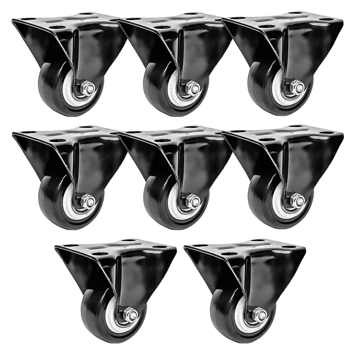 FactorDuty 8 Pack 2 inch Caster Wheels Rigid Fixed Stationery Non Swivel All Black Polyurethane Wheels Premium Non Marking No Noise 150LB Per Wheel
