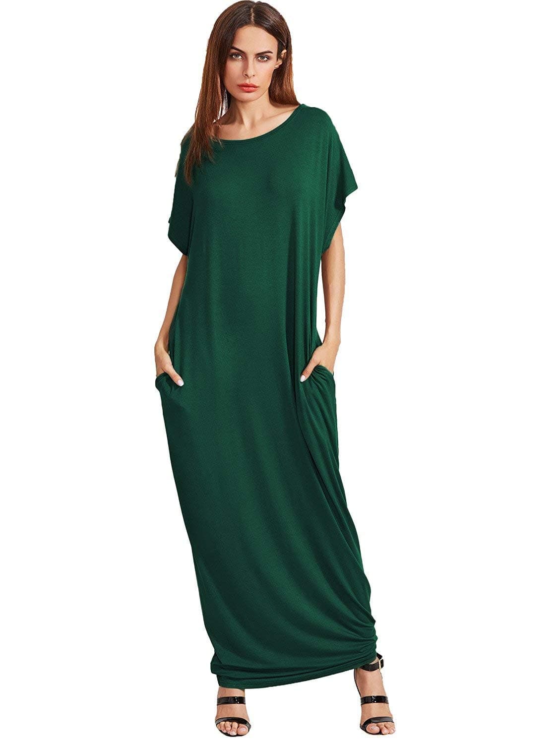 Verdusa Women's Short Sleeve Casual Loose Long Maxi Dress with Pockets Green M