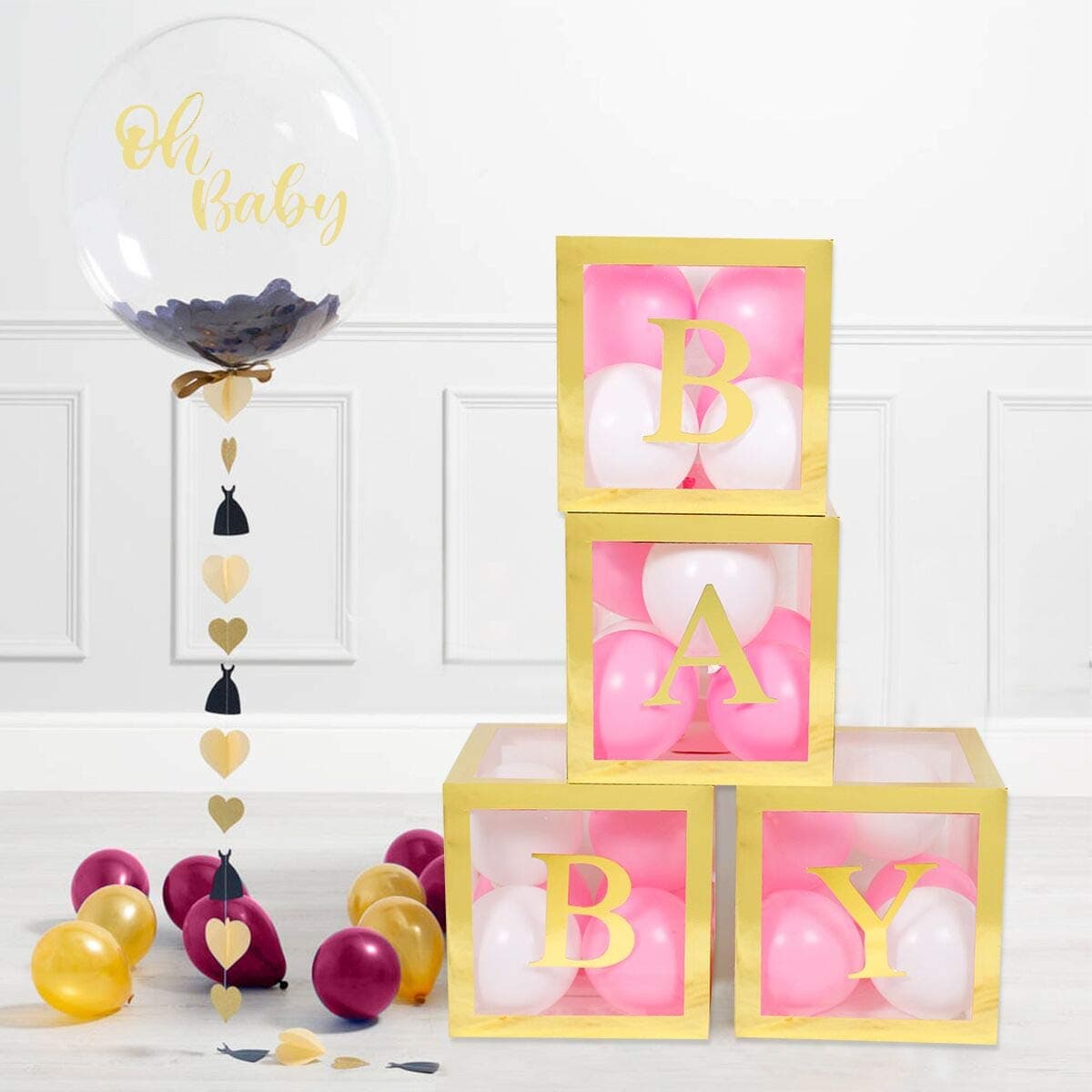 Gold Baby Shower Boxes – 4 Pcs Gold Transparent Balloon Boxes with 4 * 4 Gold BABY Letters, Gold baby shower blocks for Boys Girls, Letter Boxes for Birthday Party, Gender Reveal Backdrop