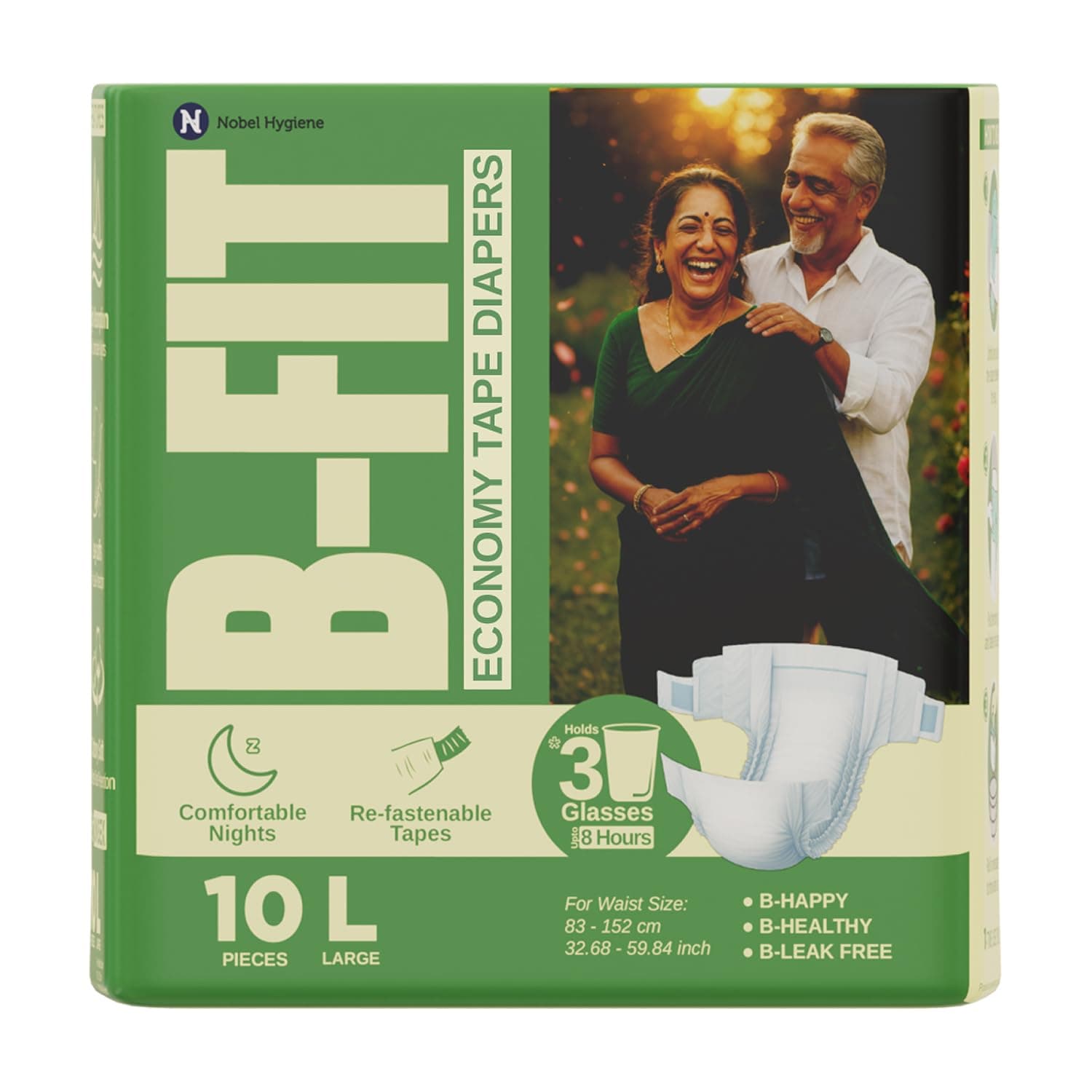 B-FIT Economy Adult Diaper L Size Tape Style | 10 Count ( Large) | Waist 32.68 - 59.84 inch | Refastenable Tapes, Cottony Comfort, Gel Core, 8 Hours Absorption | Unisex, Leakproof, Soft Elastic Waistband