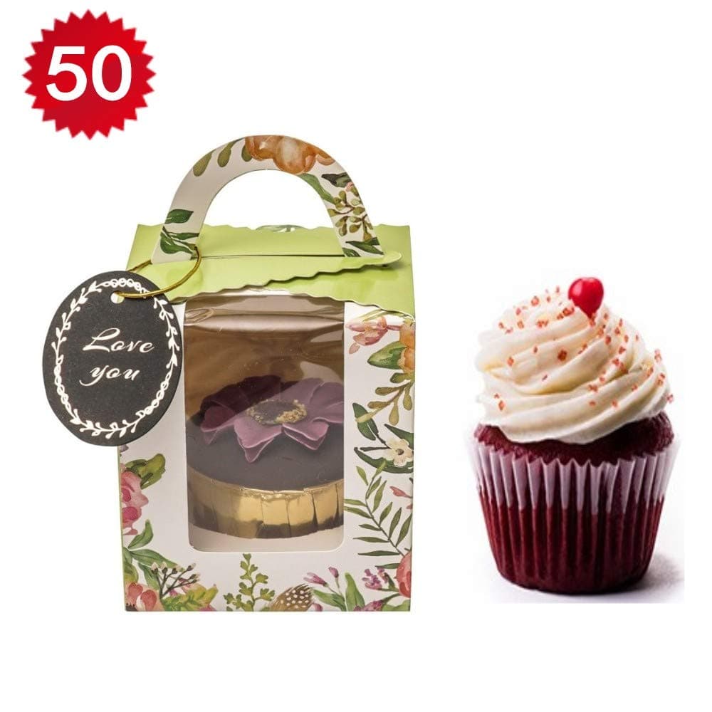 50pcs Green Muffin Packaging Single Cupcake Boxes With Window Insert And Handle For Wedding Favor