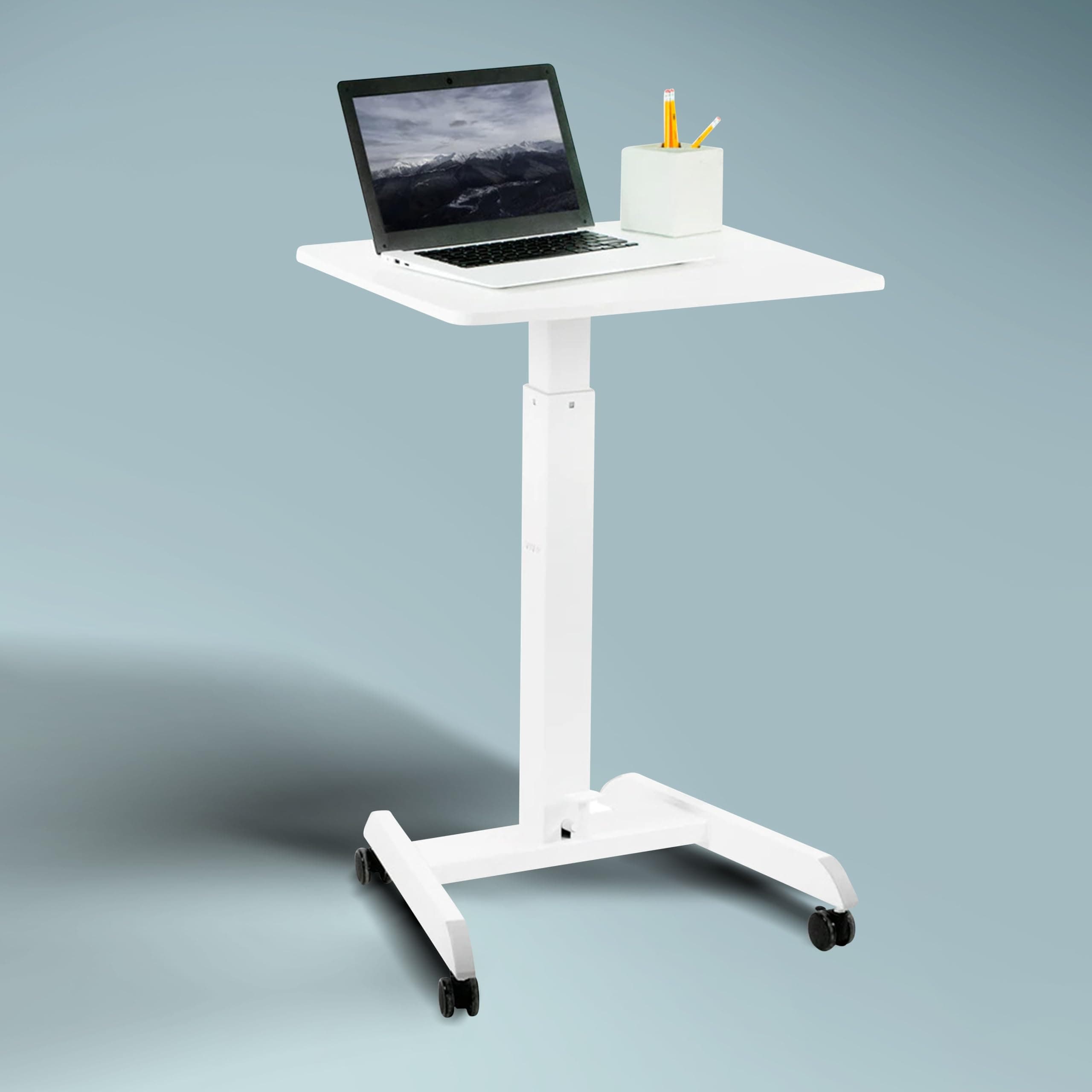 Ergonomic Height Adjustable Laptop Desk| 1 Year Warranty| Sit Stand Table with Lockable Wheels| Standing Desk for Home Office| Thick Column and Wide Steel Base| Spacious MDF top| White