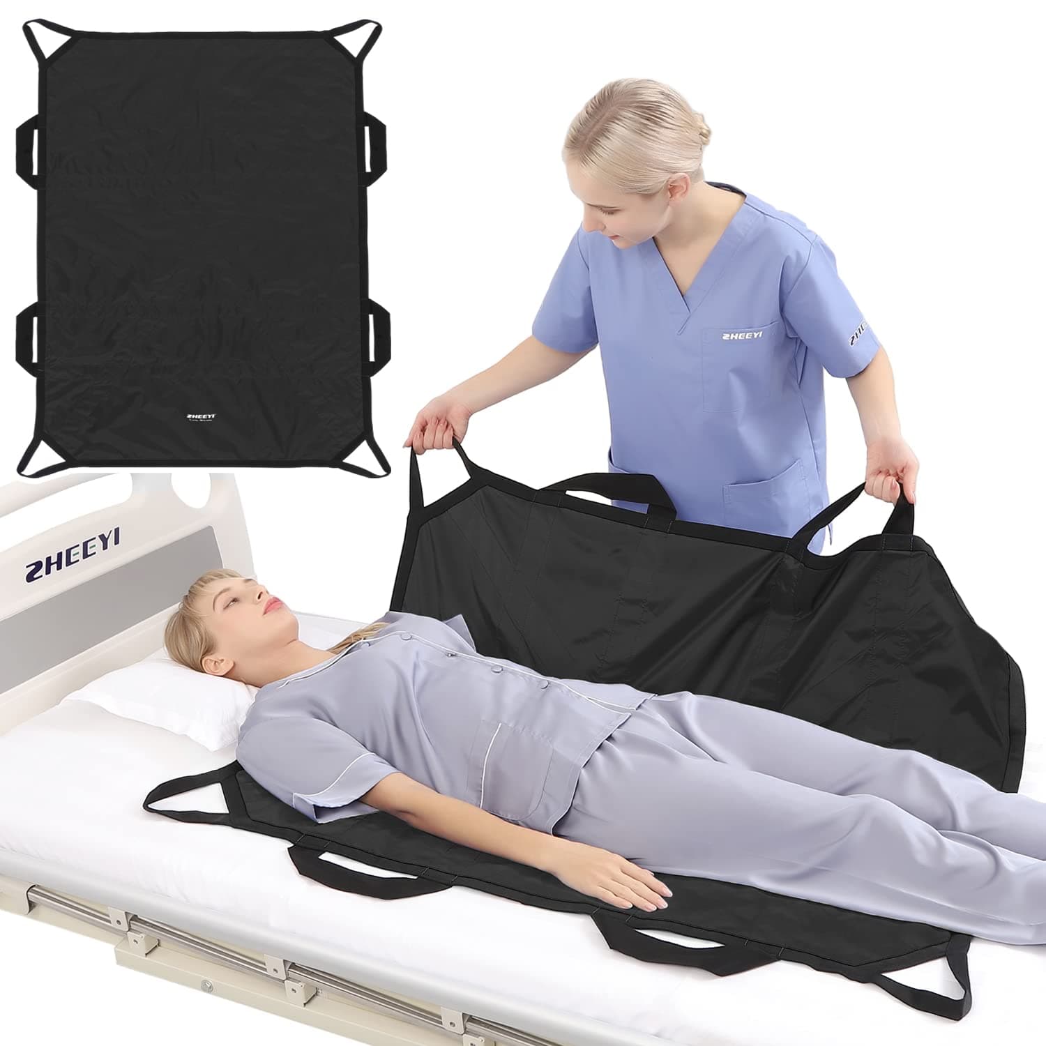 ZHEEYIMultipurpose 43" x 36" Positioning Bed Pad with Reinforced Handles - Reusable & Washable Patient Sheet for Turning, Lifting & Repositioning - Double-Sided Nylon Fabric, Black