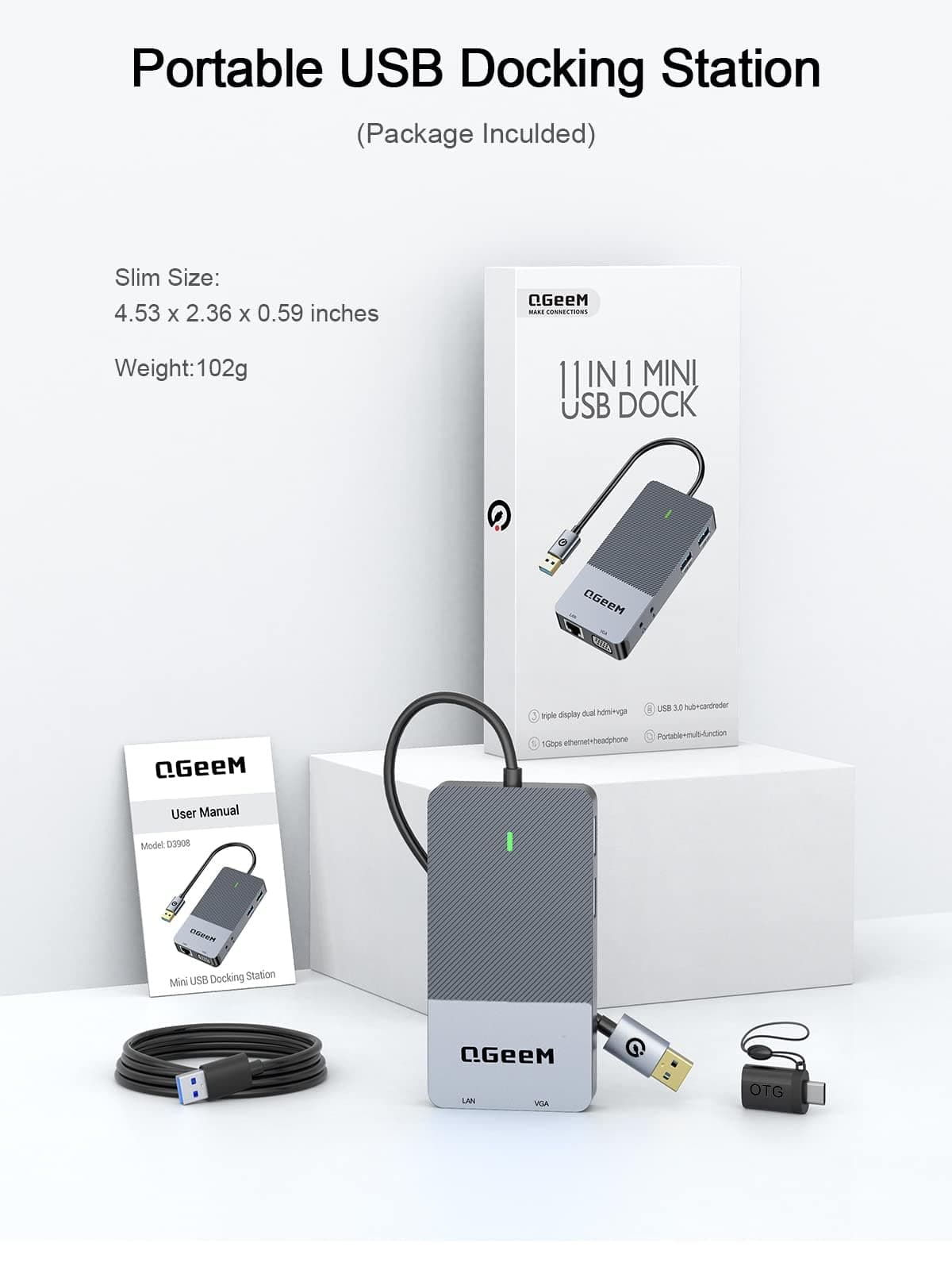 QGeeM USB 3.0 Laptop Docking Station,Triple Display USB Hub Hdmi Splitter Extender Dual Monitor,USB Dock with 2 HDMI,VGA,USB 3.0,Compatible for MacBook M1 M2 M3 M4 Dell HP Lenovo Mac OS-Classic Gray