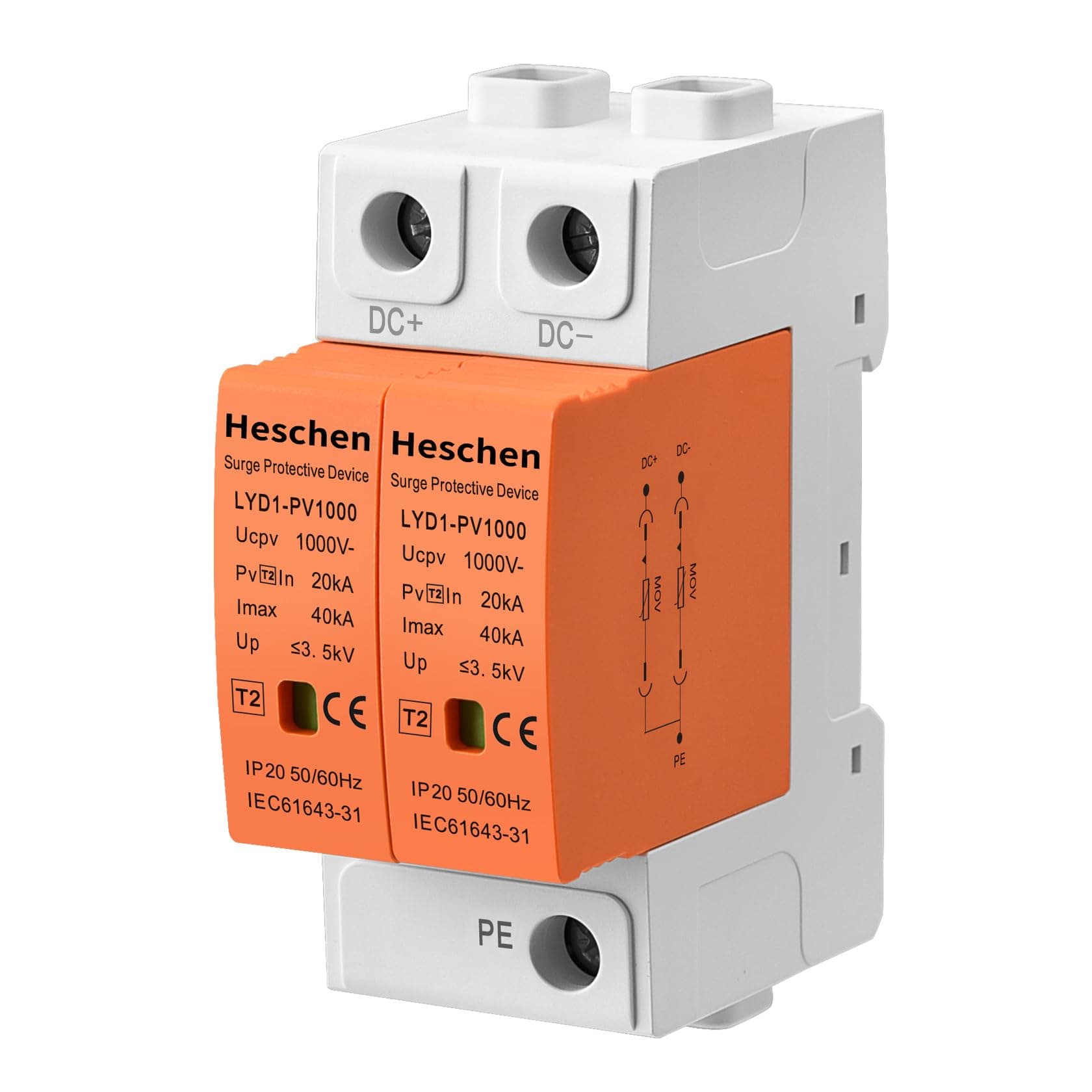 HeschenSurge Protective Device for PV, LYD1-PV1000, 2P 1000VDC 20KA, 35mm DIN Rail Mounting