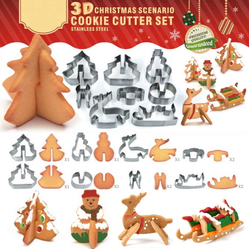 3D Christmas Theme (Xmas Tree,Snowman,Reindeer and Sleigh) Cookie Cutters Festive Biscuit Pastry Fondant Cake Decorating Mold Set