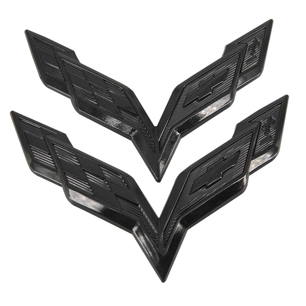 2pcs Black Carbon Front& Rear Crossed Flags Trunk Hood Emblem Badge Emblem for Chevy Corvette C7 2014-2019 (Black)