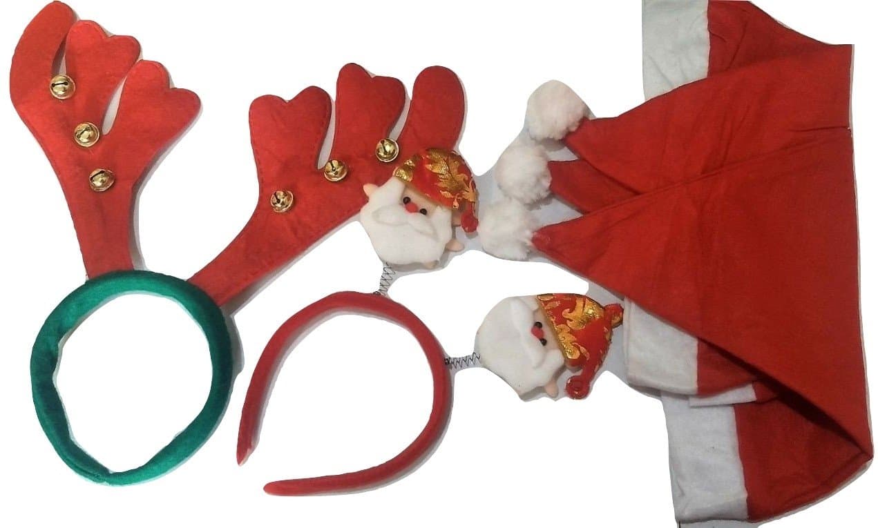 Set of 5 - Christmas Hat, Reindeer Headband and Spring Headband with Two Smiling Santas