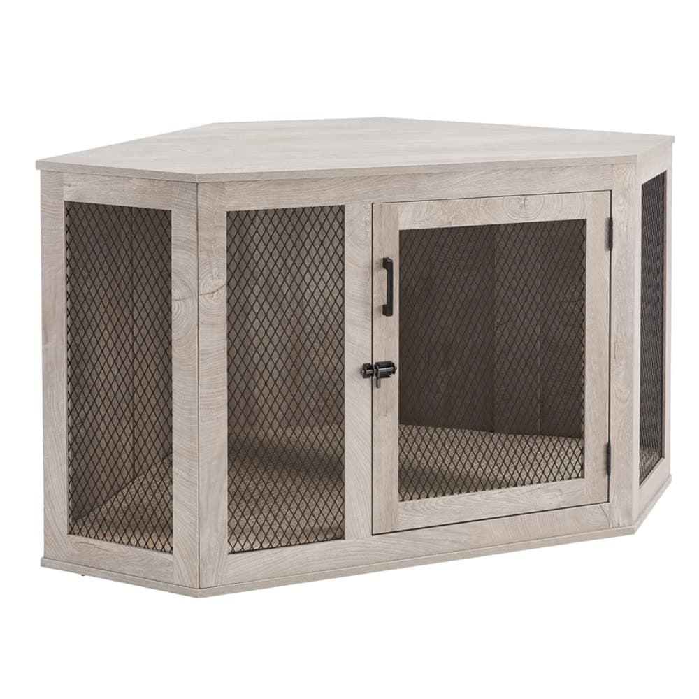 unipawsLarge Corner Dog Crate with Cushion, Dog Kennel with Wood and Mesh, Dog House, Pet Crate Indoor Use, Weather Grey