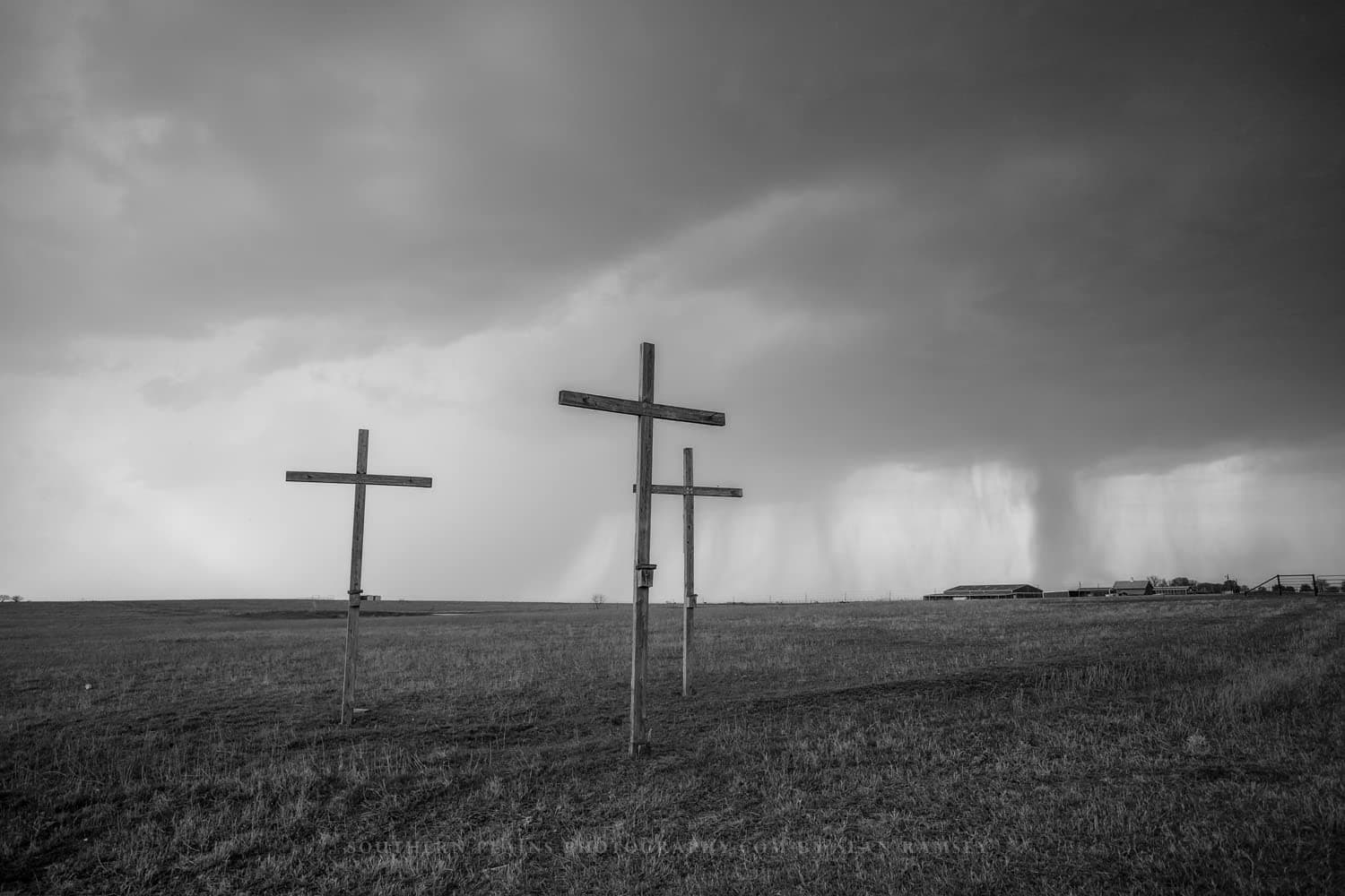 Spiritual Photography Print (Not Framed) Black and White Picture of Three Wooden Crosses on Stormy Day in Texas Christian Wall Art Easter Decor 4x6 to 40x60