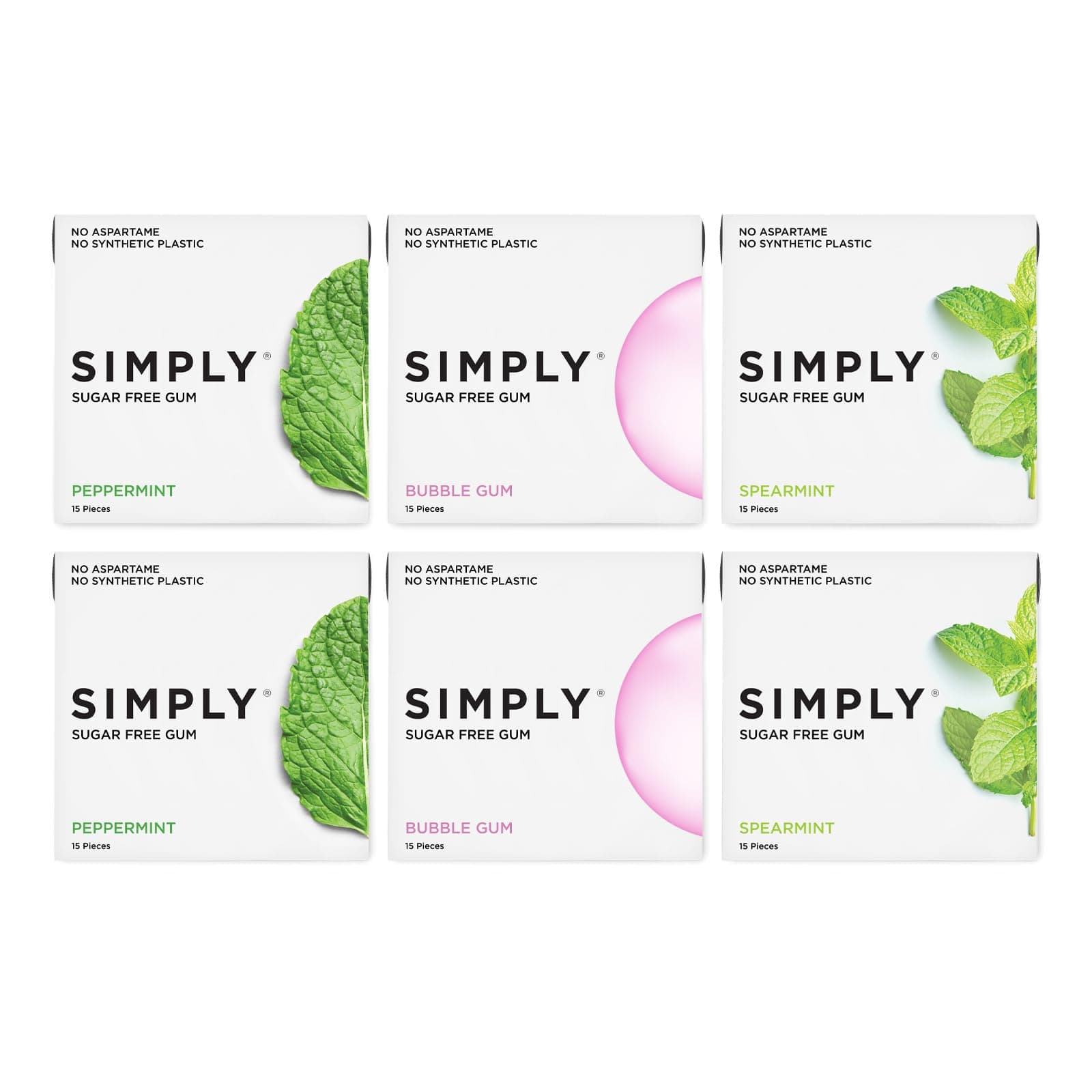 SIMPLY Gum | Dental Gum | Xylitol Chewing Gum- Sugar Free | Variety Pack- Bubblegum, Peppermint, Spearmint | Pack of Six (90 Pieces Total) | Synthetic Plastic Free + Sugar Free + Aspartame Free