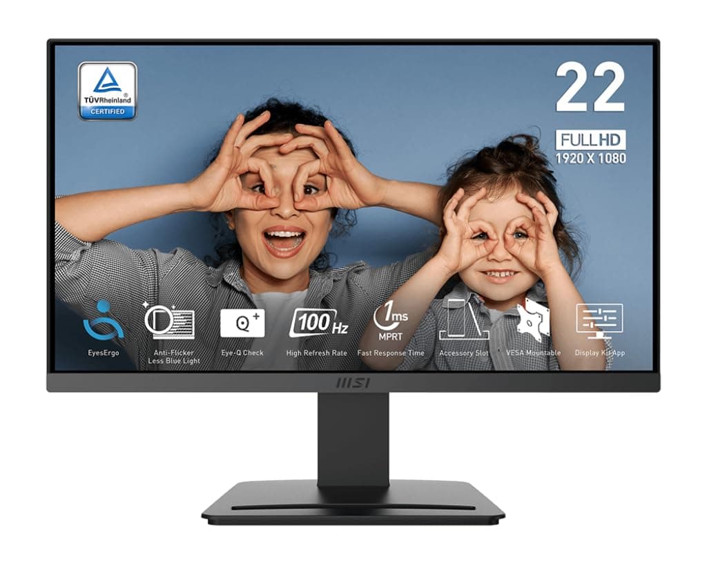 MSI PRO MP223 E2, VA 1920 x 1080 (FHD) Computer Monitor, 100Hz, Adaptive Sync, HDMI, Video Port, Display Port, VESA Mount, Tilt, 1ms, Black