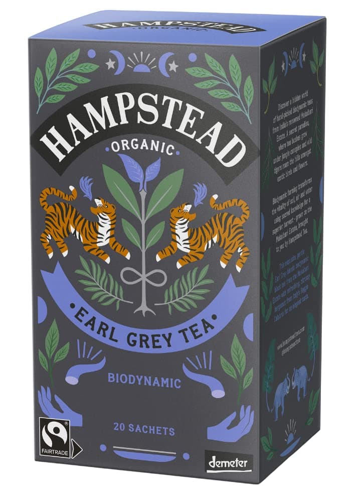Hampstead Organic & Biodynamic Earl Grey Bags (4 Packs of 20), Darjeeling Black Infusion with Natural Bergamot Oil, Plastic-Free & Compostable