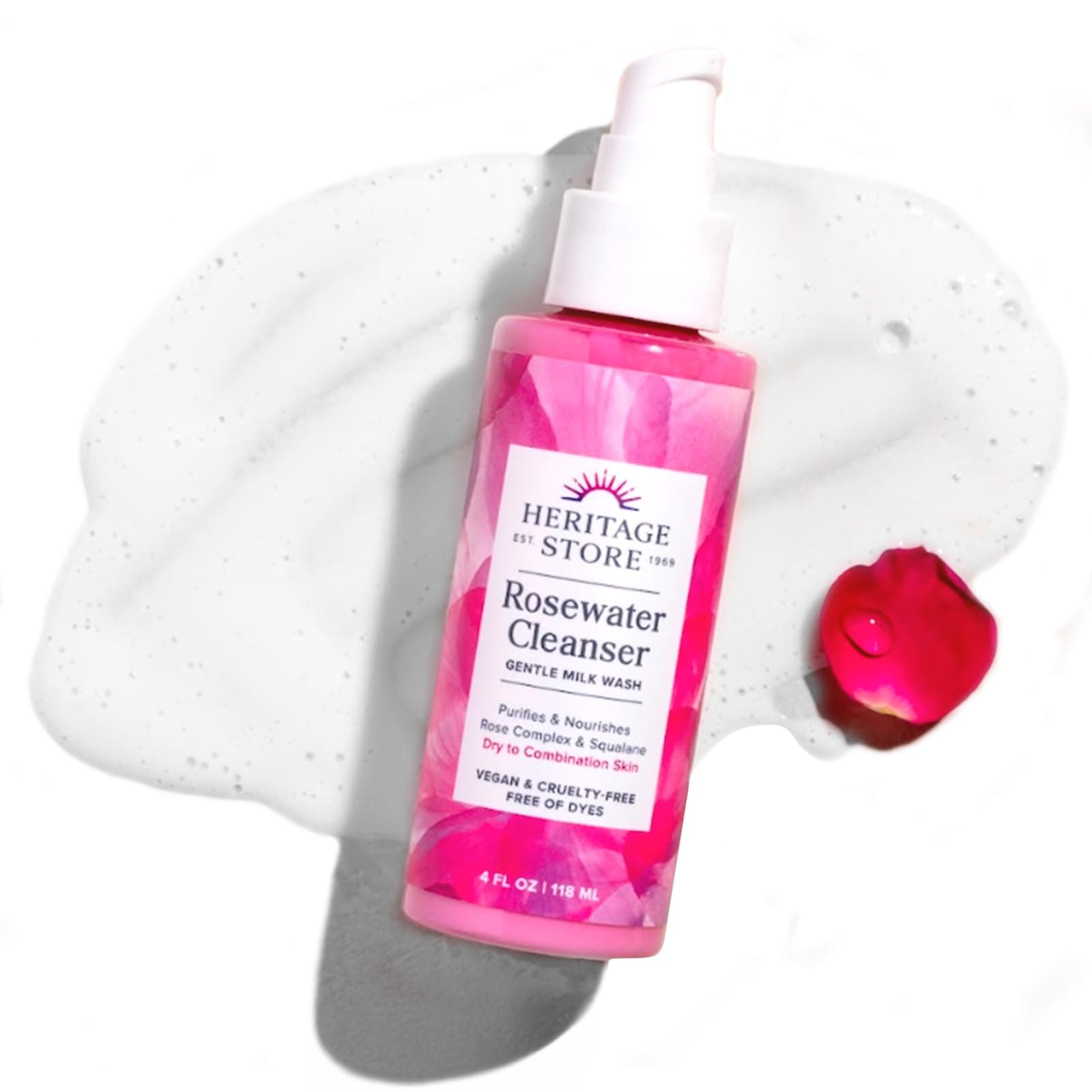 Rosewater Facial Cleanser - Milk Face Wash Purifies and Nourishes w/Squalane, Rose Complex, Dry Skin to Combination Skin Care, Hypoallergenic, pH Balanced, Vegan, 60-Day Guarantee, 4oz