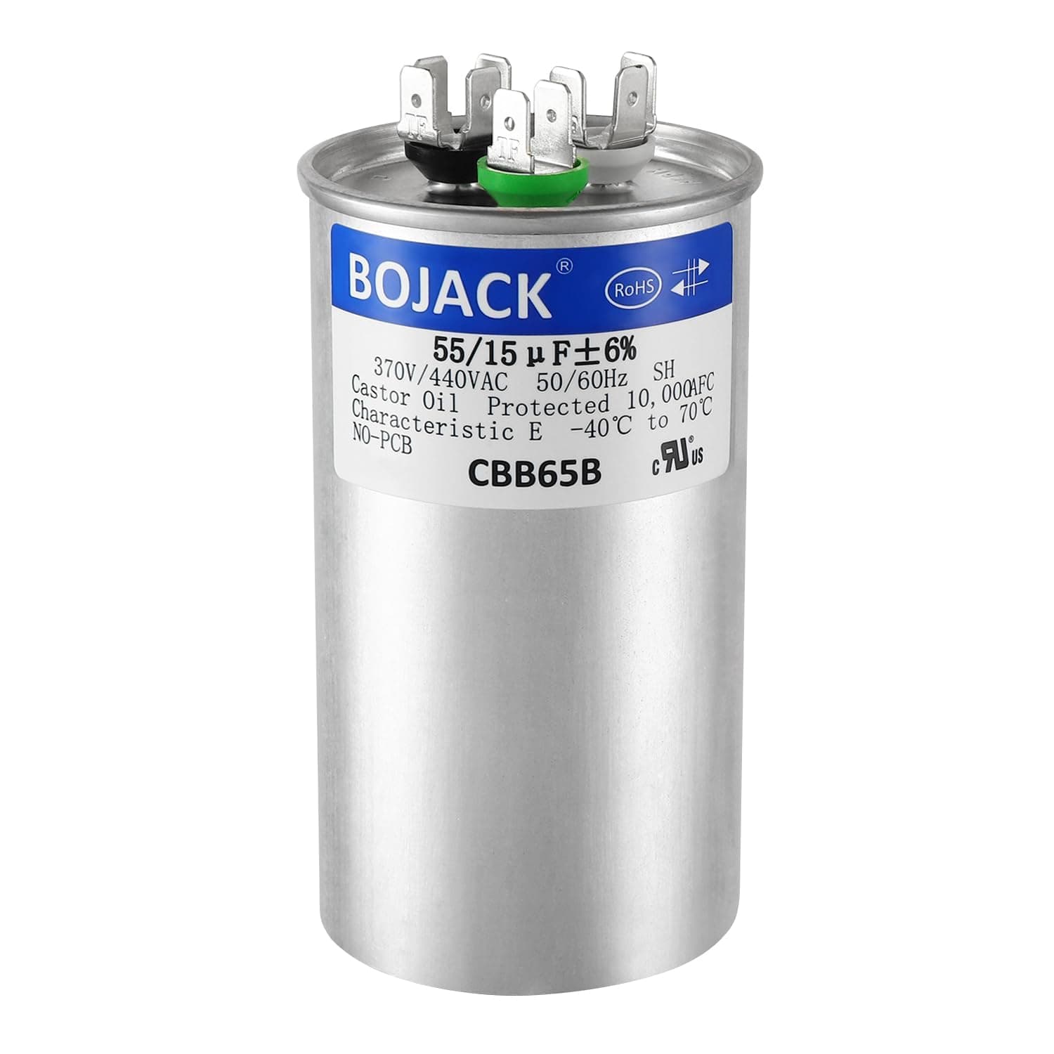 BOJACK 55+15 uF ±6% 55/15 MFD 370/440 VAC CBB65B Dual Run Start Round Capacitor for Condenser Straight Cool or Heat Pump Air Conditioner or AC Motor and Fan Starting