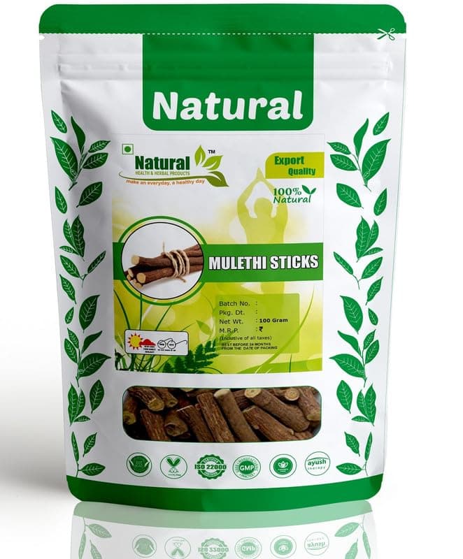 Natural Health & Herbal Mulethi Root Stick Whole Eating Licorice Root Stick, Jeshthamadh Stick, Yastimadu Roots Stick Glycyrrhiza Glabra | Eating (Cough, Throat) Chewing - 100 Gram