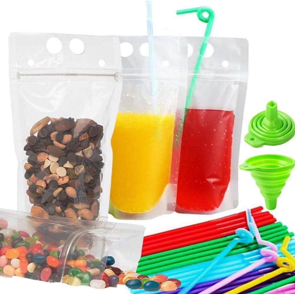 100PCS Drink Pouches for Adults with Straws, Reusable, Reclosable Zipper Smoothie Bags for Cold & Hot Drinks with 100 Straws & Silicone Funnel