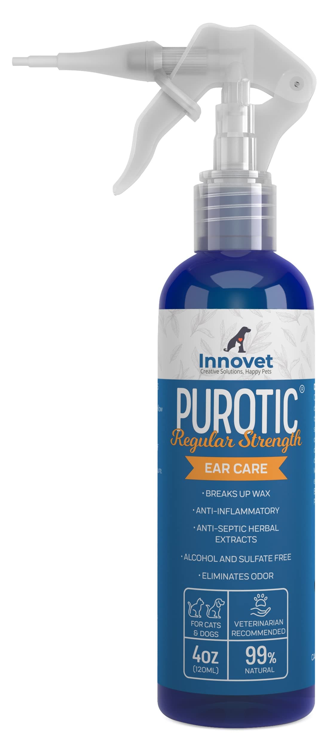 Innovet PurOtic Ear Cleaner for Dogs & Cats with Silicone Applicator Made With Essential Oils - 100% Made In USA - Regular Strength 4 oz Bottle