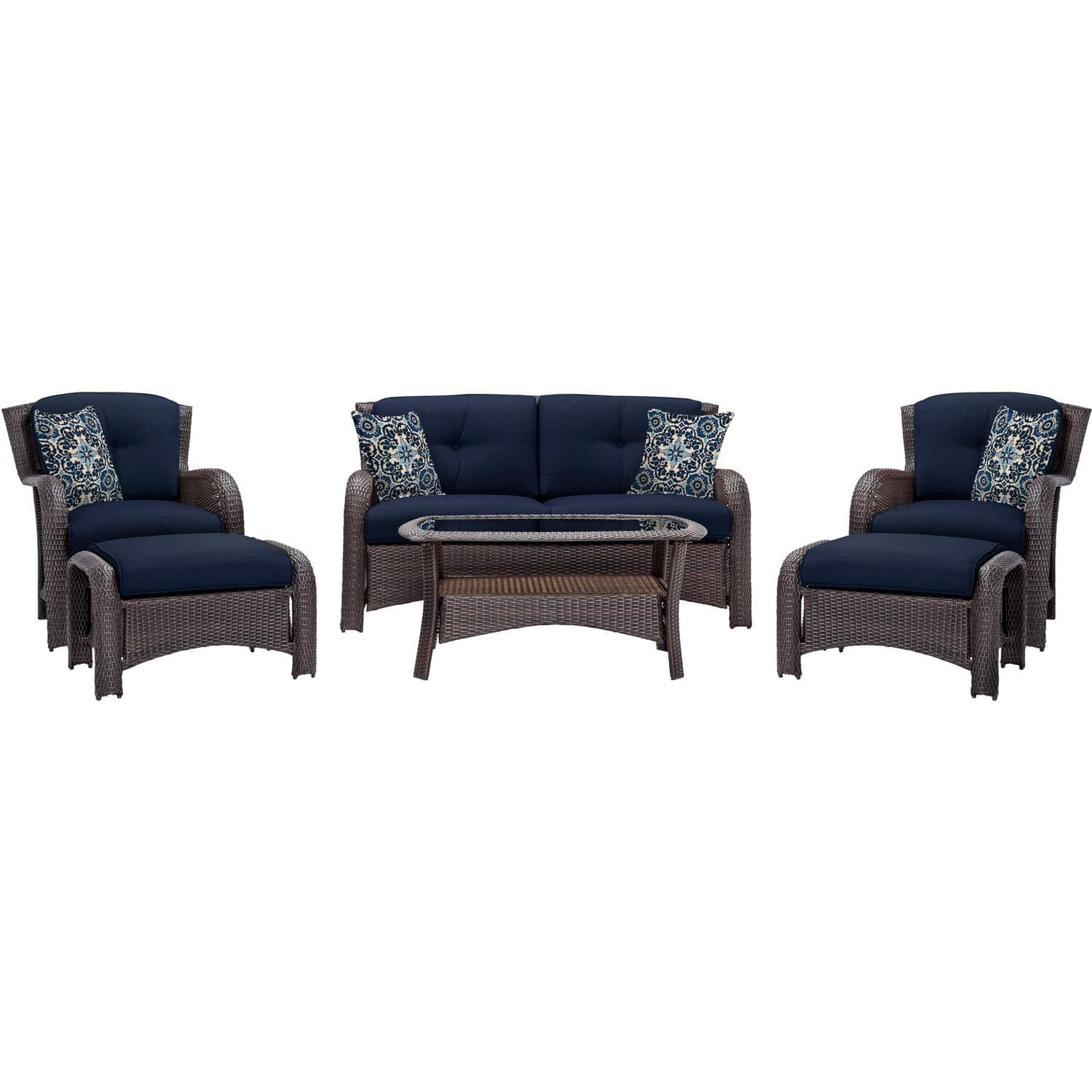 Hanover Strathmere Outdoor 6-Piece Conversation Set with Loveseat, 2 Chairs with Ottomans, Thick Navy Blue Cushions, Pillows and Glass Top Coffee Table, All-Weather Patio Conversation Set